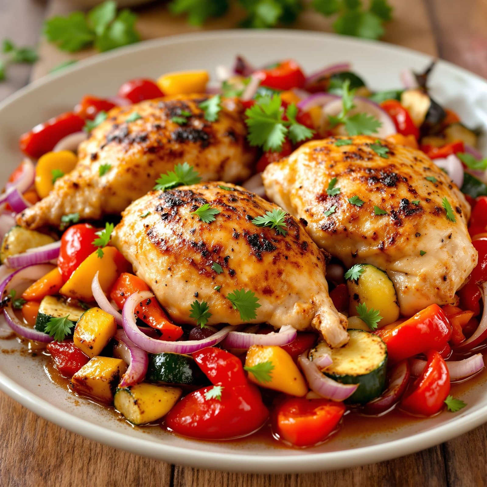 Roasted Mediterranean chicken with colorful vegetables on a rustic table.