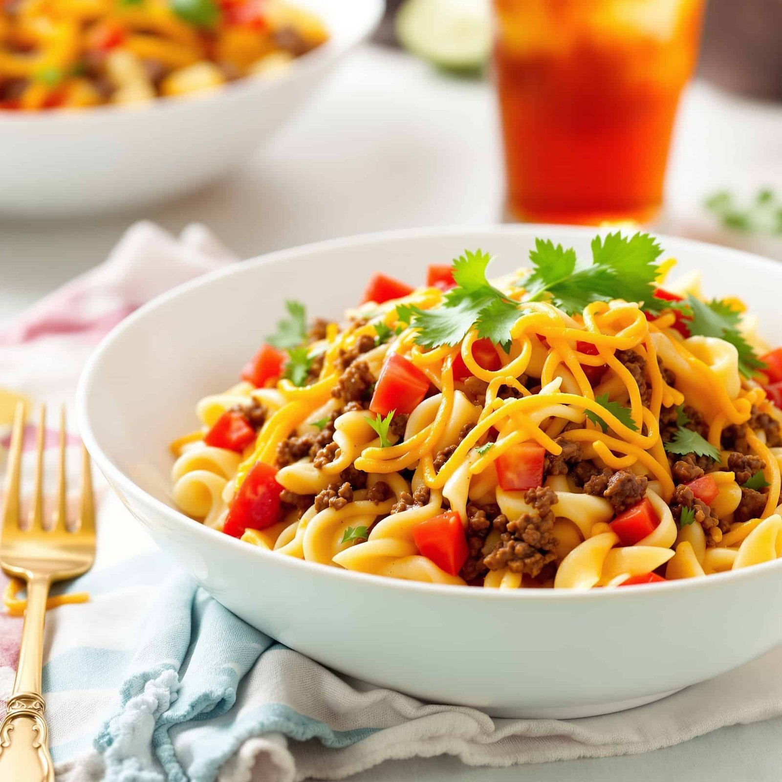 A bowl of Beef Taco Pasta with ground beef, cheese, and cilantro, set in a bright kitchen.