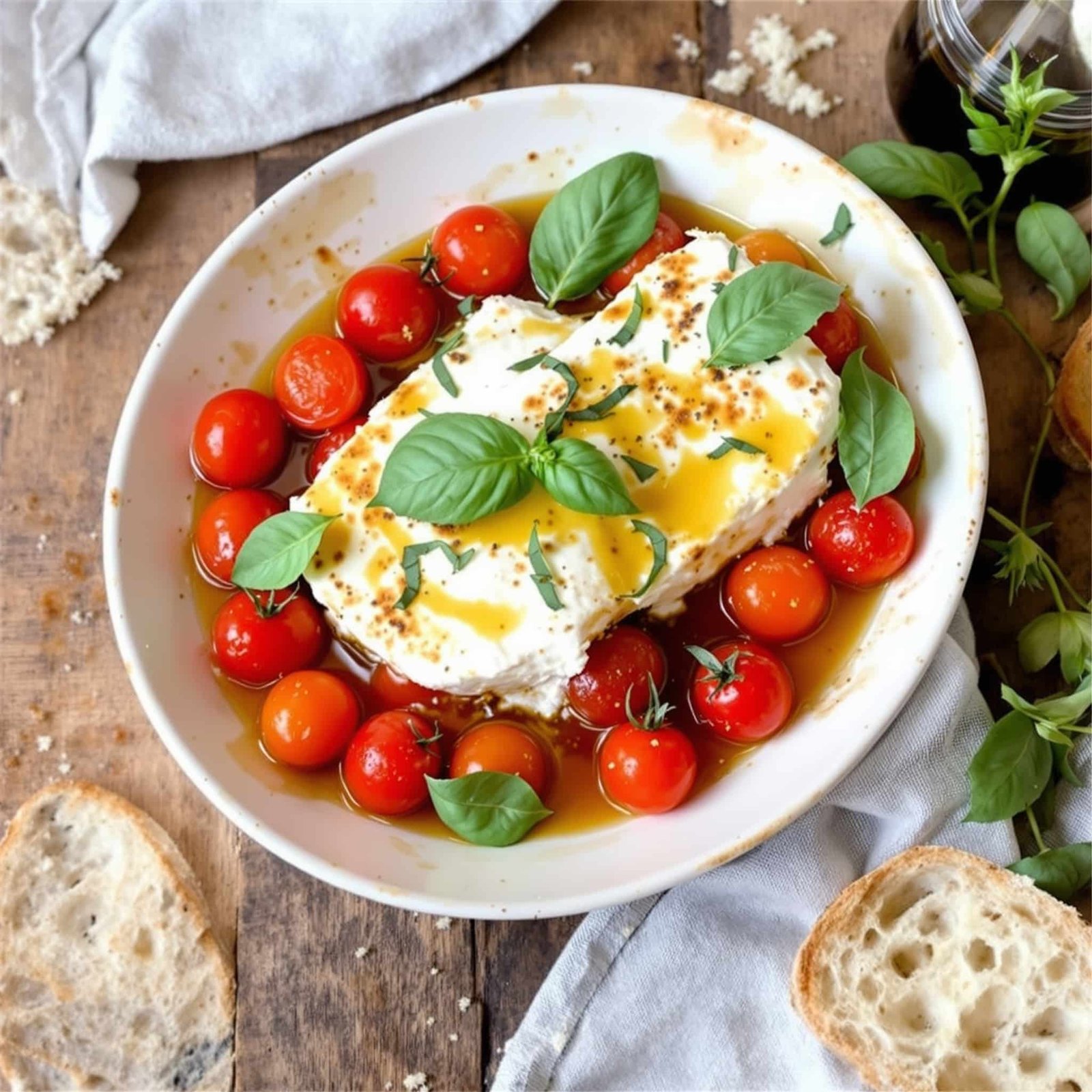 Baked feta with tomatoes in a dish, garnished with basil, served with crusty bread on a rustic table.