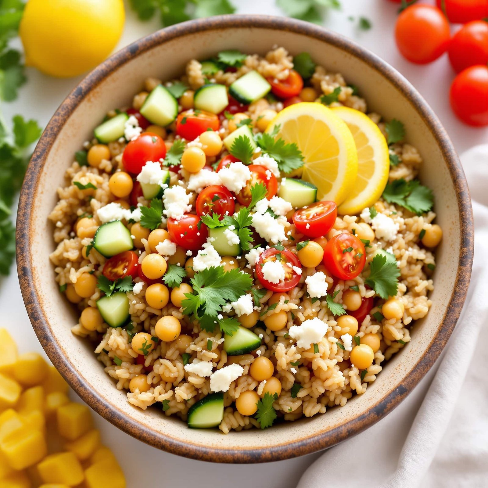 A colorful Mediterranean bowl with brown rice, chickpeas, tomatoes, cucumbers, herbs, and feta cheese.