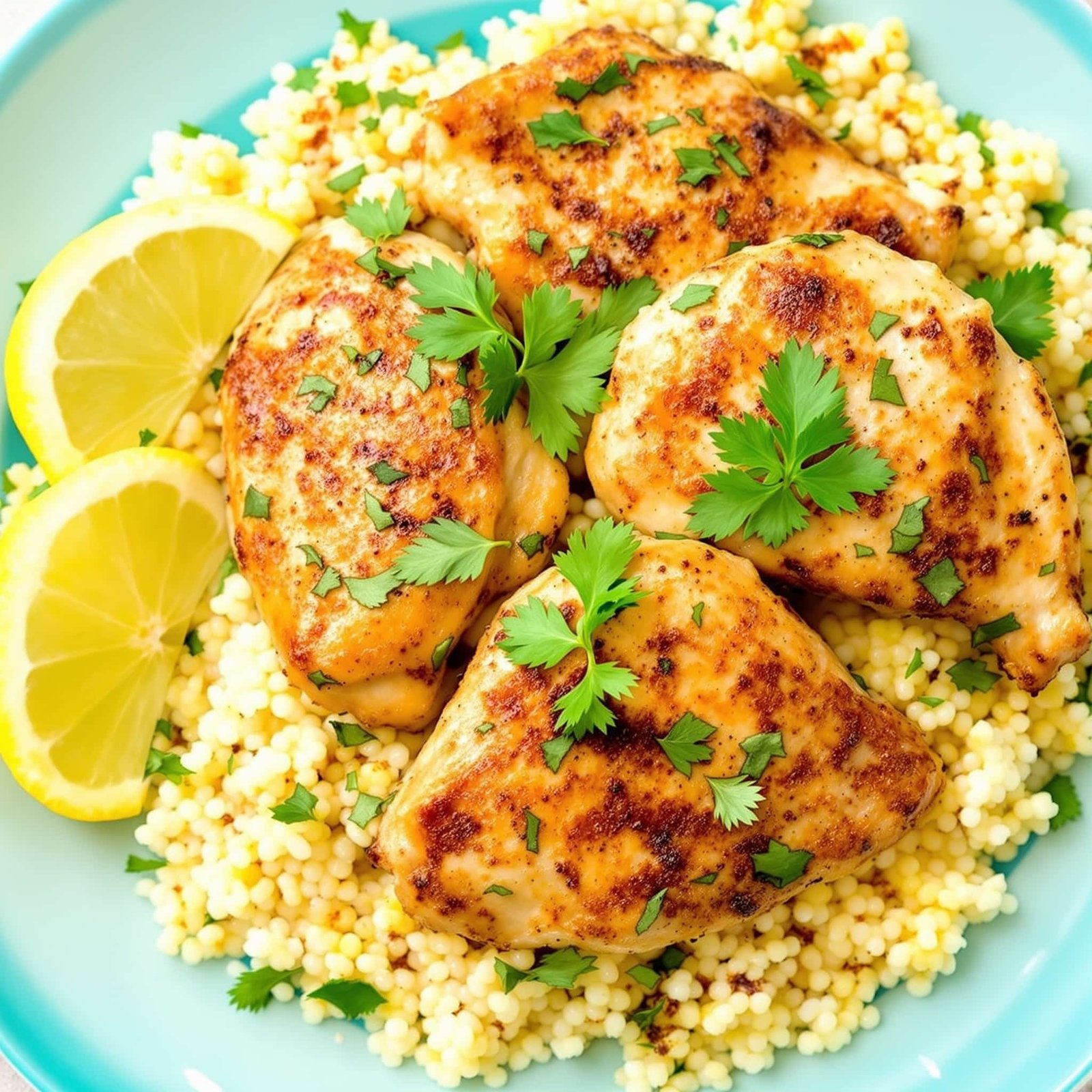 Garlic Lemon Herb Chicken on a bed of couscous with lemon wedges and parsley.