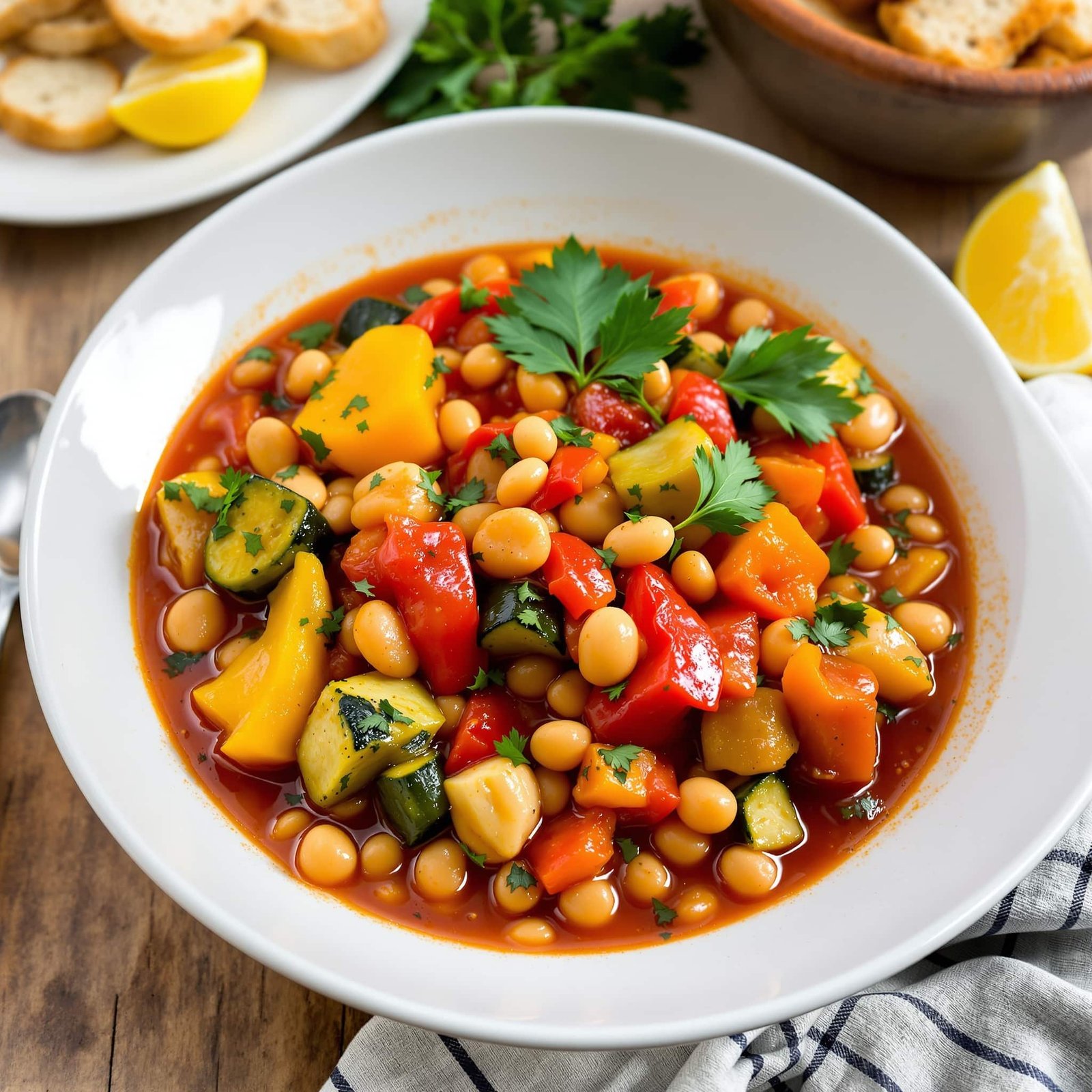 A colorful bowl of Mediterranean vegetable and bean stew with peppers, zucchini, and beans, garnished with parsley and lemon, on a rustic table with bread.