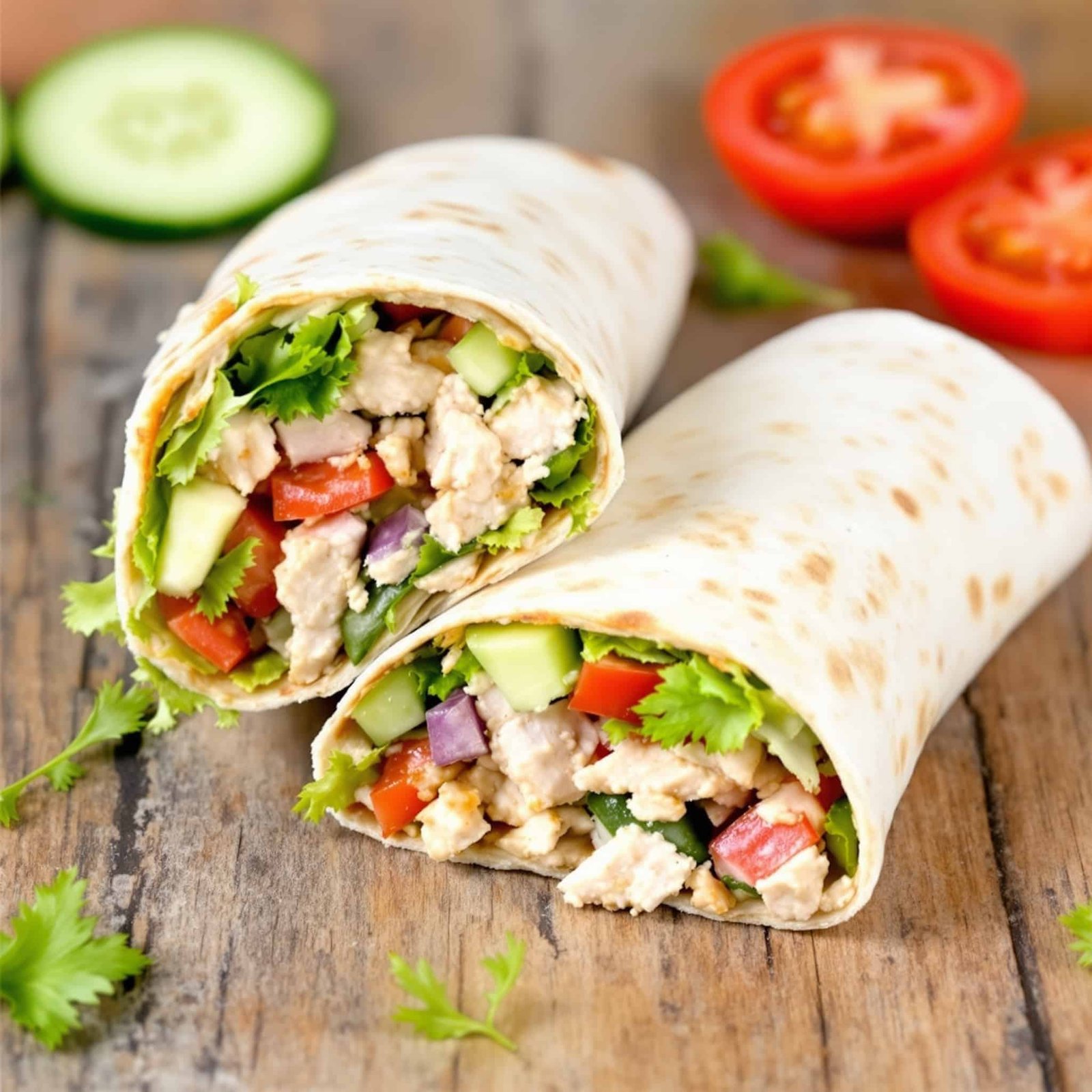 Mediterranean Chicken Salad Wrap on a wooden table, filled with chicken, lettuce, and vegetables.