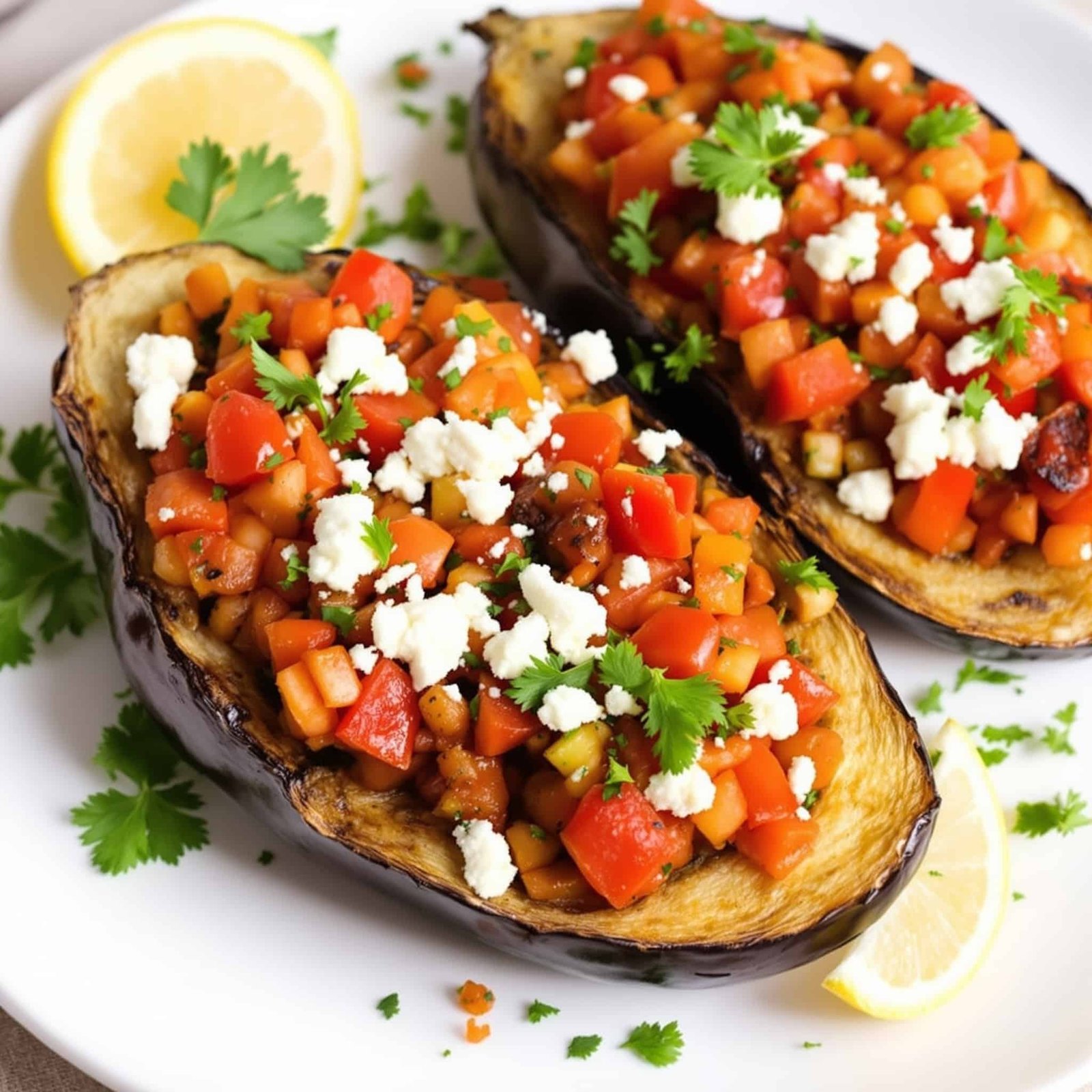 Roasted stuffed eggplants topped with feta cheese and parsley on a plate, with a lemon wedge in a Mediterranean setting.