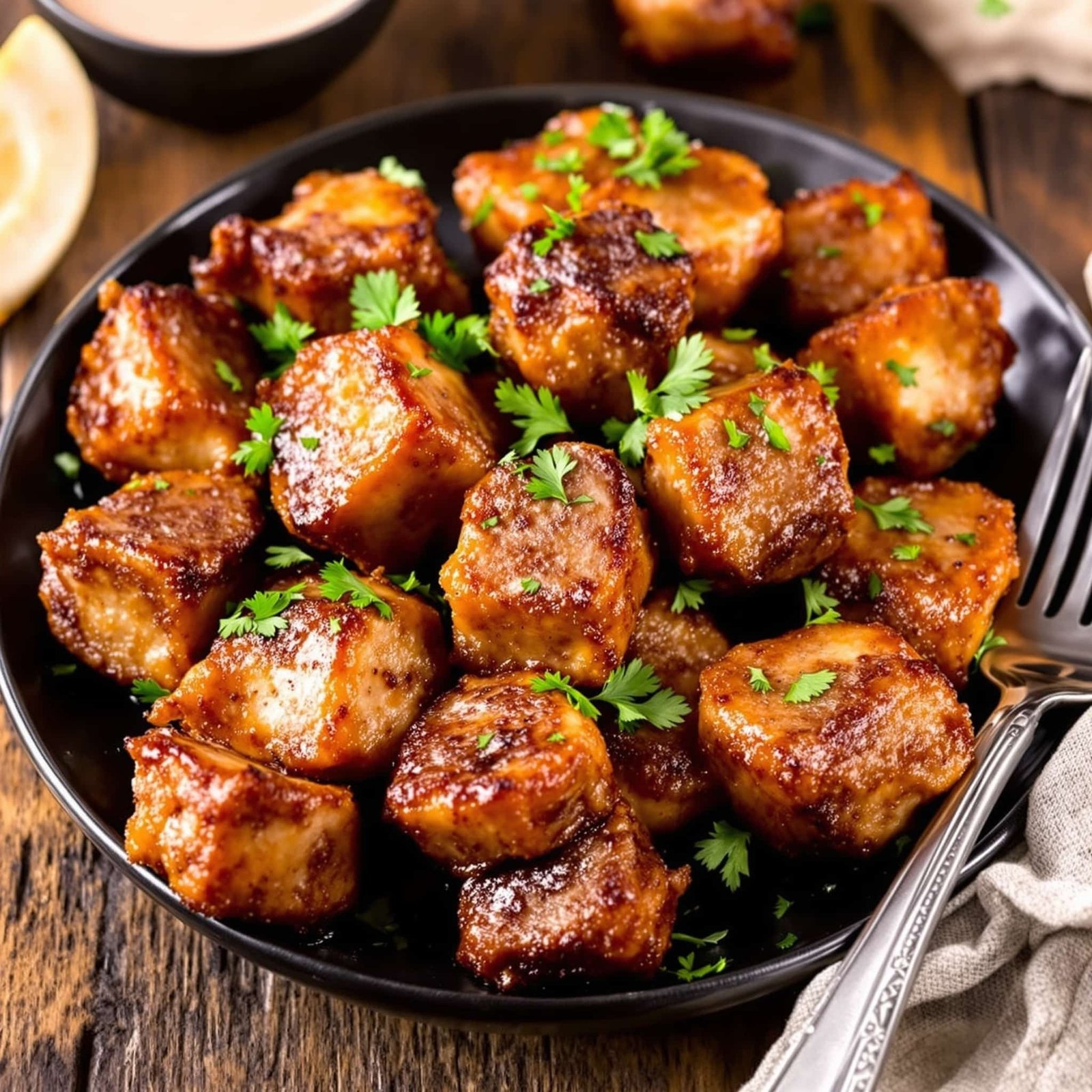 Juicy air fryer steak bites on a black plate, garnished with parsley, alongside a dipping sauce in a rustic kitchen setting.