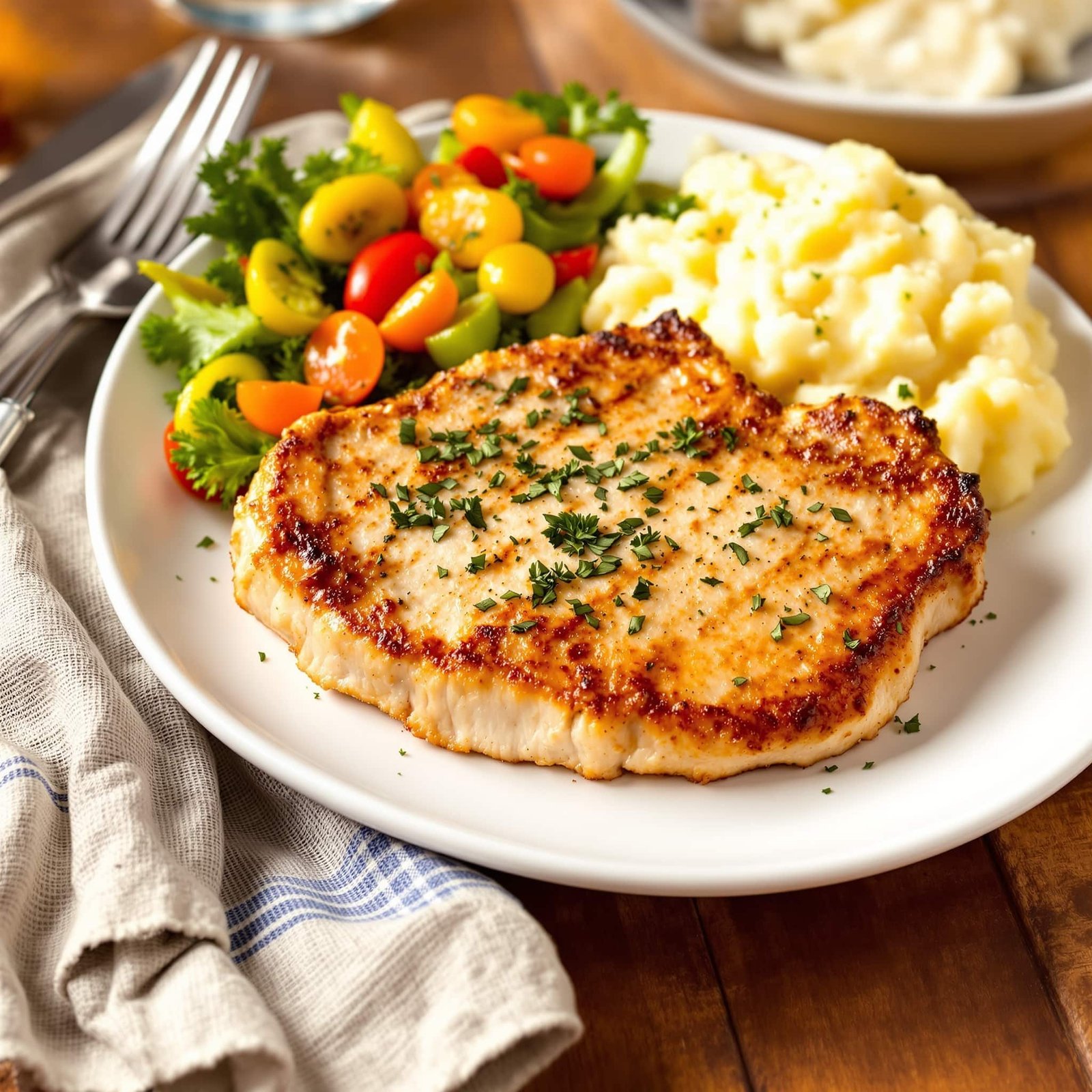 Juicy Air Fryer Pork Chops Recipe Juicy air fryer pork chop on a plate with vegetables and mashed potatoes.