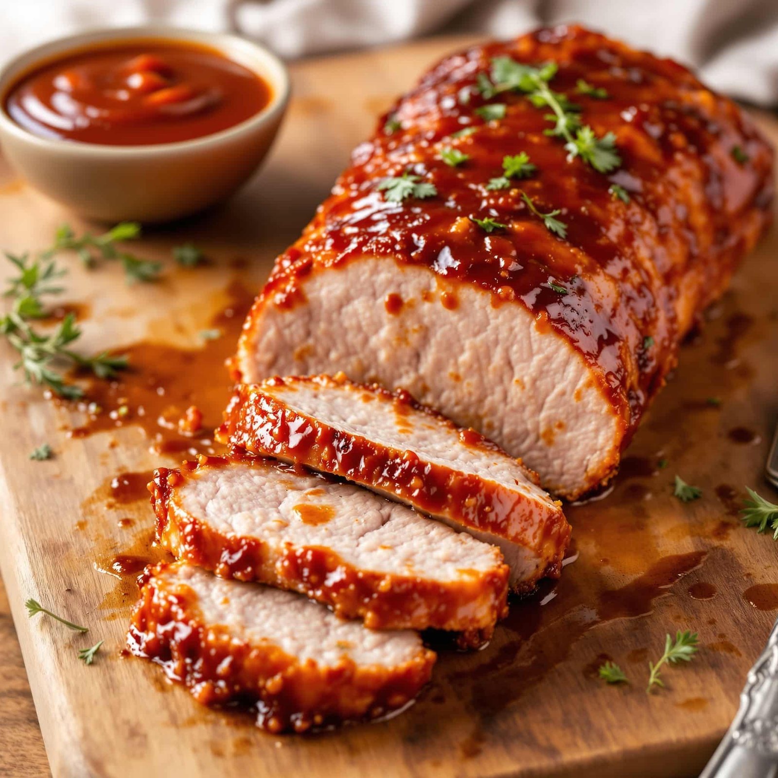 Air Fryer BBQ Pork Tenderloin Recipe Slices of BBQ glazed pork tenderloin on a wooden board with a bowl of BBQ sauce.