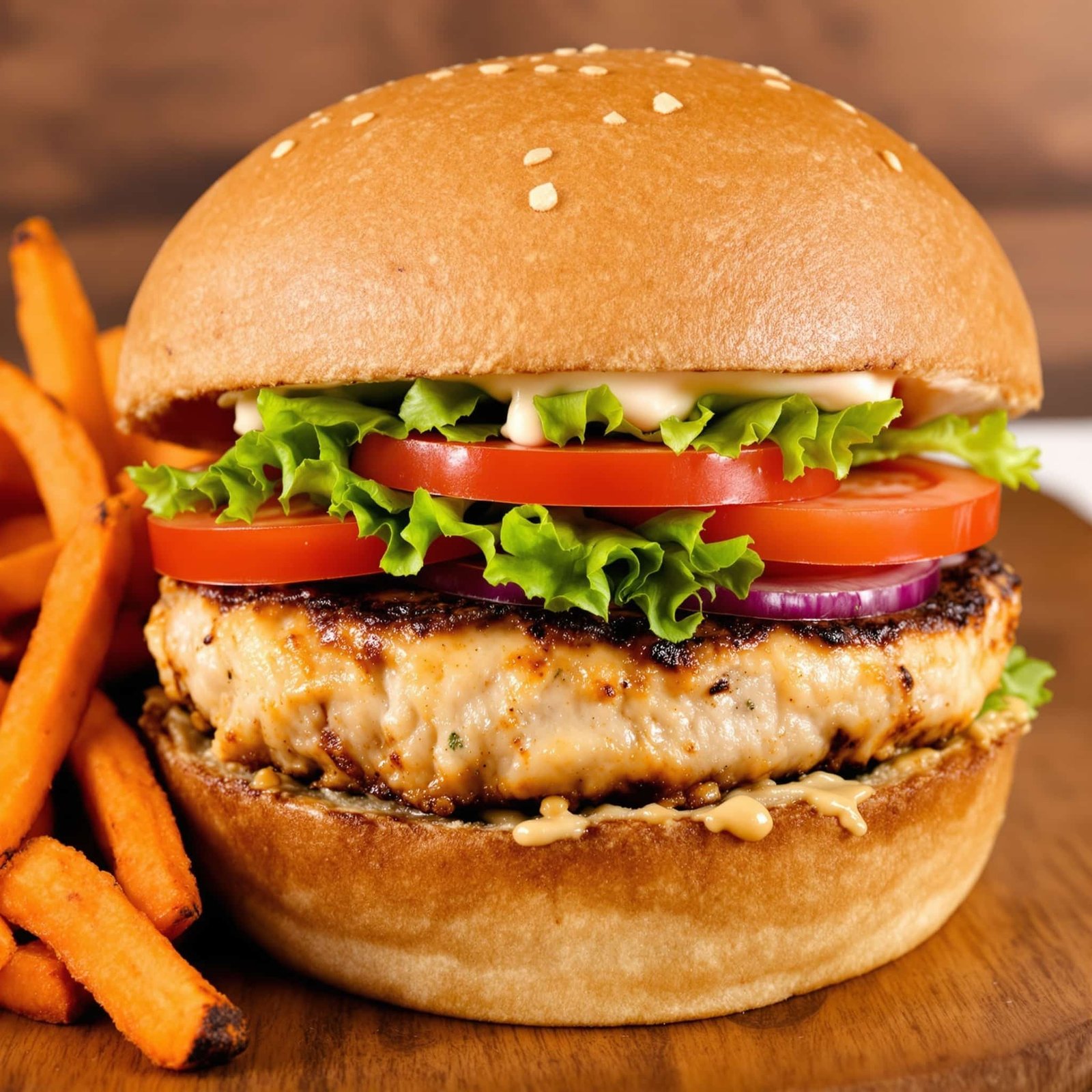 Juicy Air Fryer Turkey Burgers Recipe Juicy turkey burger on a whole wheat bun with lettuce and tomato, served with sweet potato fries.