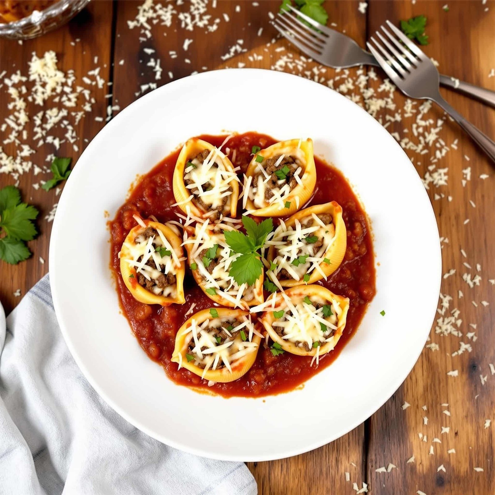 Baked beef and cheese stuffed shells in marinara sauce topped with melted cheese and herbs, served on a rustic table.