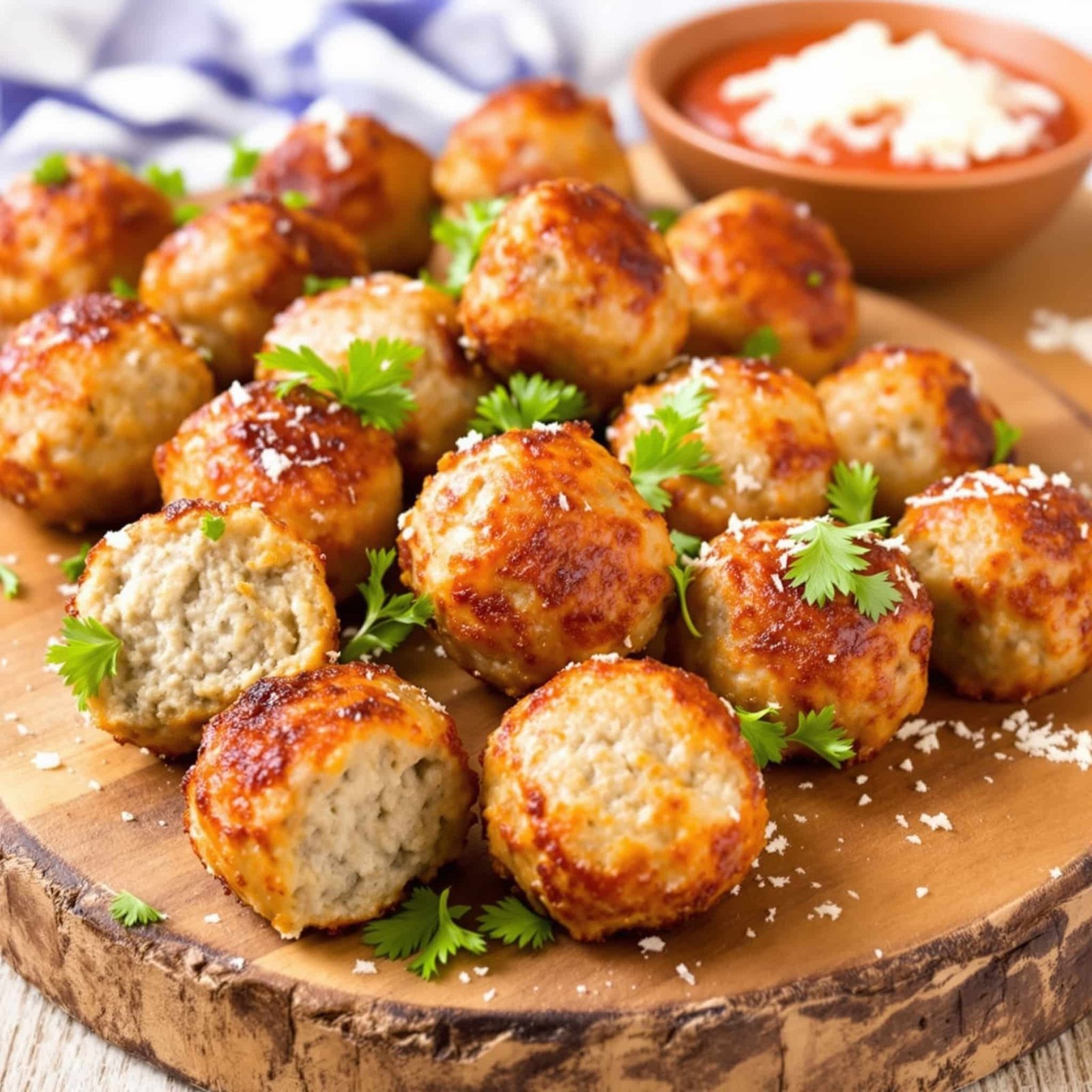 Juicy Air Fryer Meatballs Recipe Golden brown air fryer meatballs served on a rustic wooden platter, garnished with parsley and accompanied by marinara sauce.