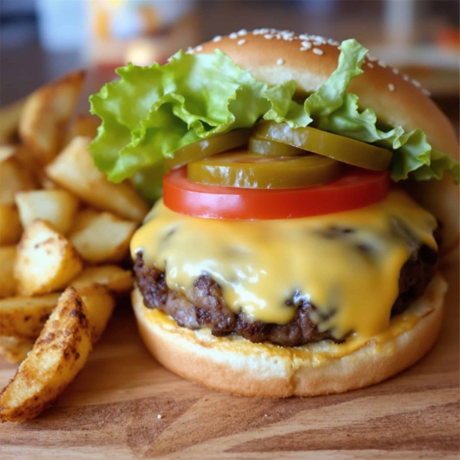 A succulent air fryer cheeseburger with melted cheese, fresh toppings, and a side of potato wedges on a rustic table.