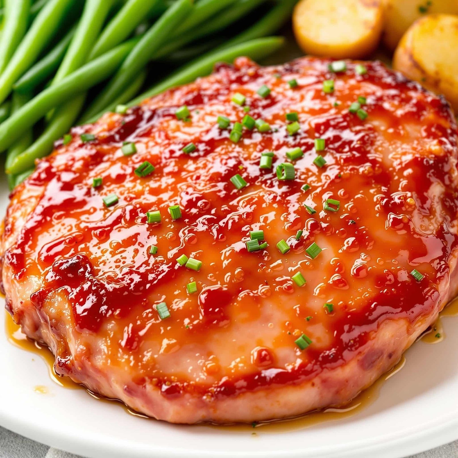 A honey glazed ham steak on a plate, garnished with herbs, alongside green beans and roasted potatoes.