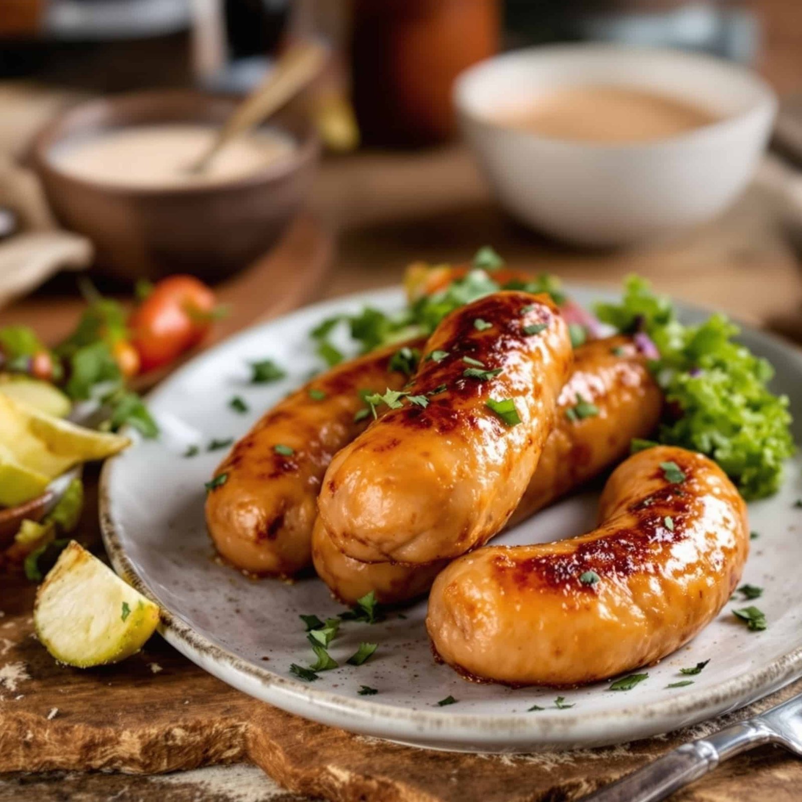 Crispy Air Fryer Sausage Links Recipe Golden brown air fryer sausage links on a plate with vegetables and dipping sauce.