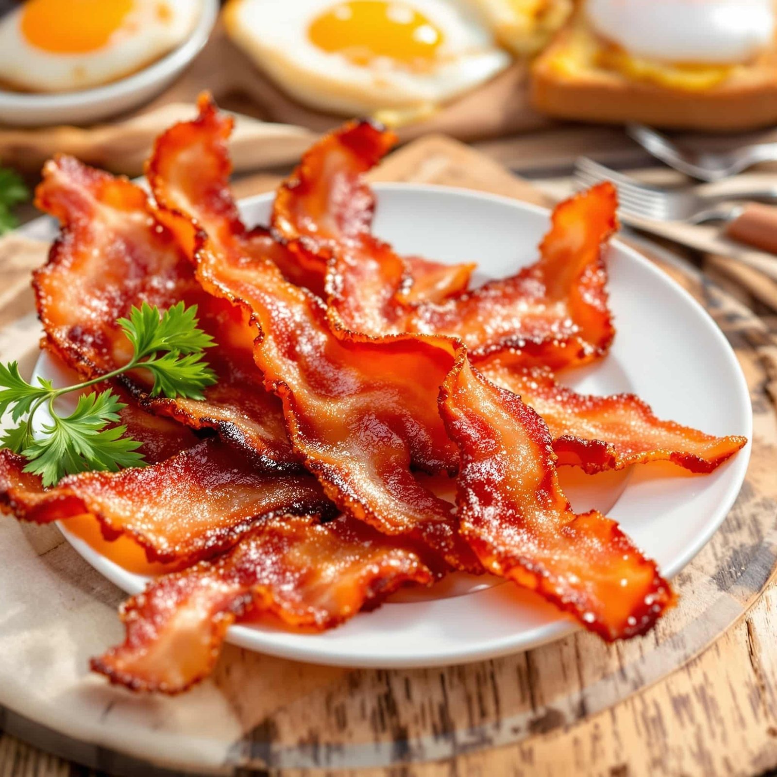 Crispy air fryer bacon strips on a plate garnished with parsley, with background breakfast items.