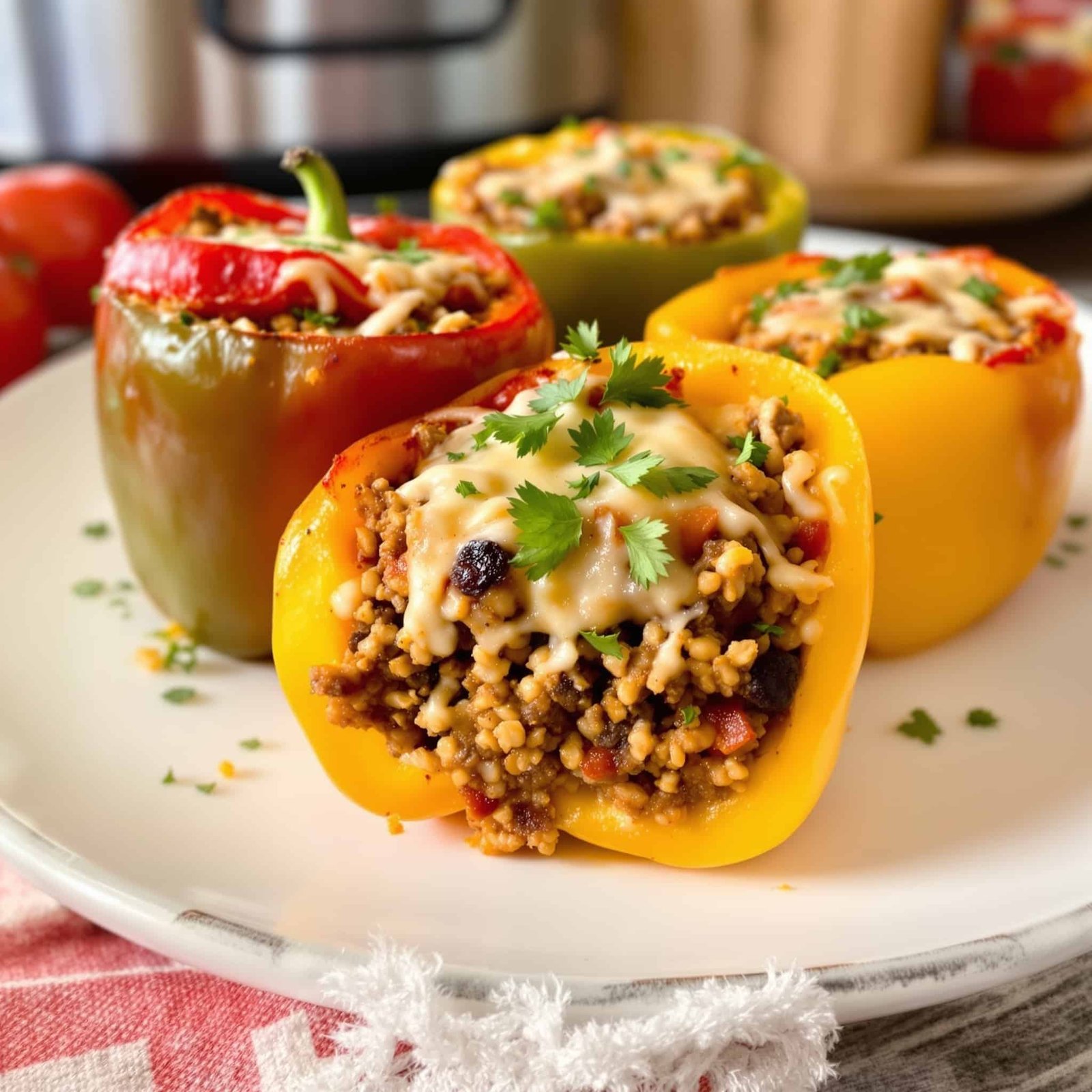 Colorful stuffed bell peppers filled with ground meat, rice, and cheese, served on a plate in a cozy kitchen setting.