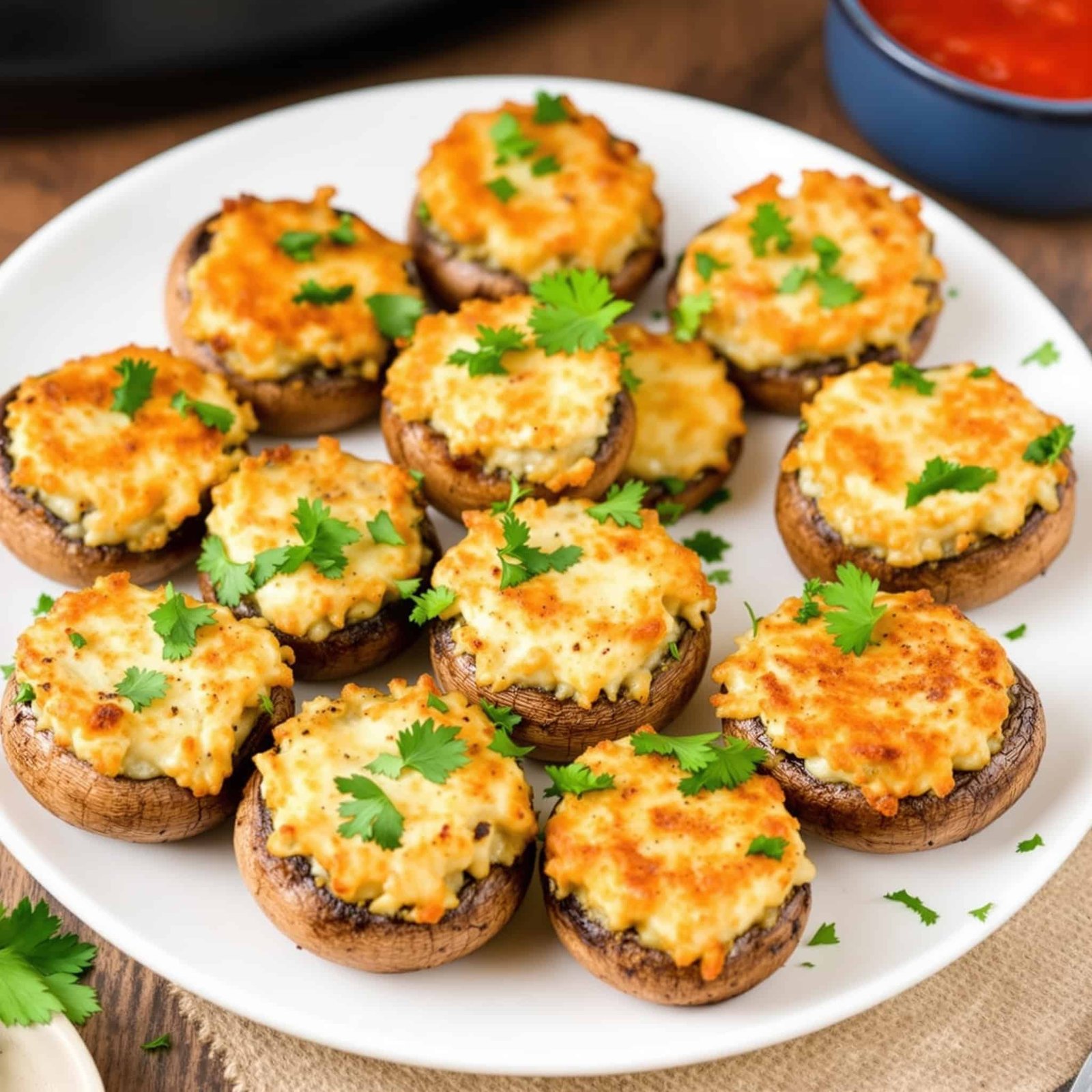 Crispy air fryer stuffed mushrooms on a plate, filled with cream cheese, breadcrumbs, and herbs, garnished with parsley.