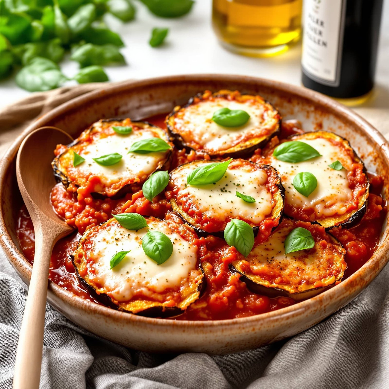 Crispy Air Fryer Eggplant Parmesan with marinara and mozzarella, garnished with basil in a rustic bowl.