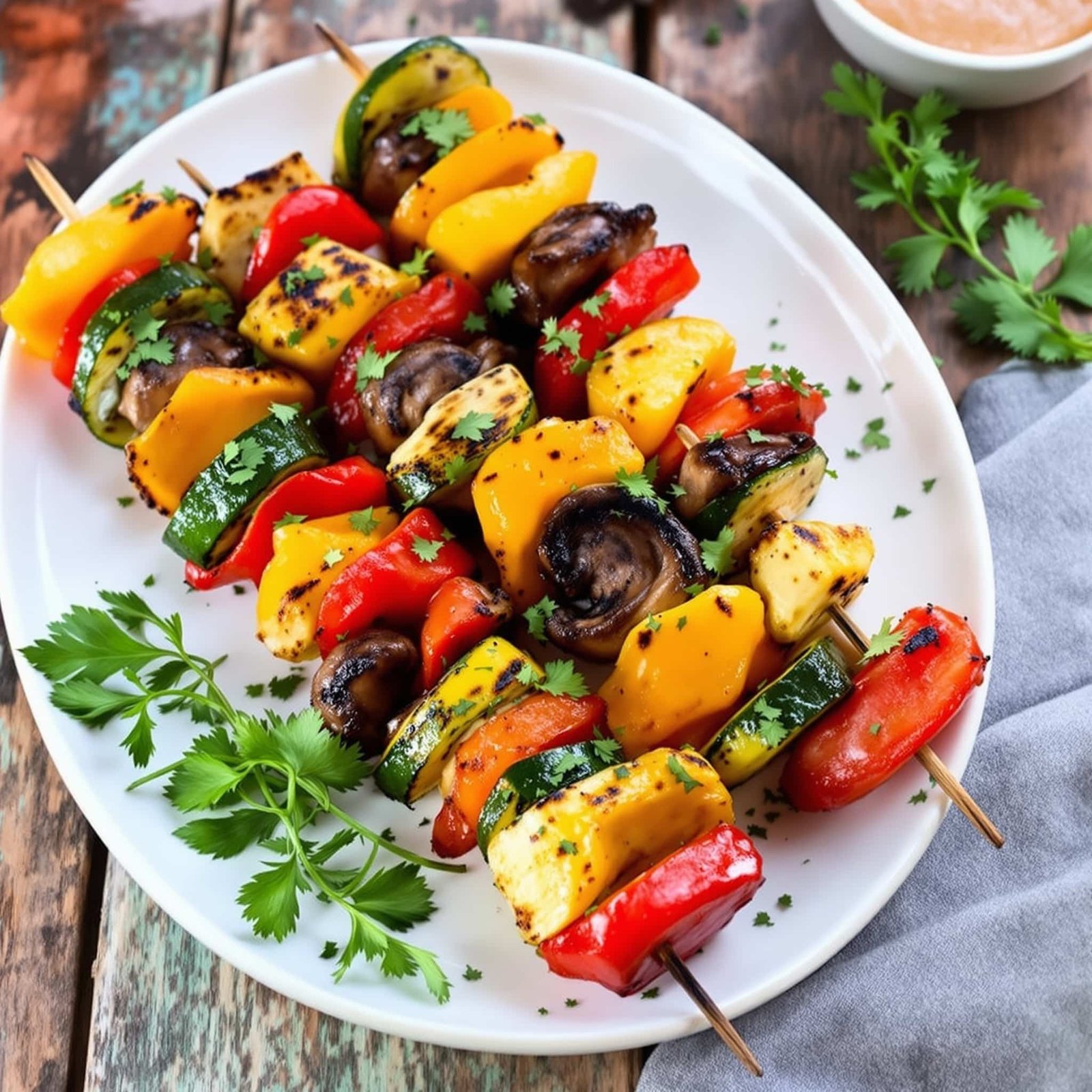 Grilled Air Fryer Veggie Kabobs with bell peppers, zucchini, mushrooms, and onion on a plate, garnished with herbs.