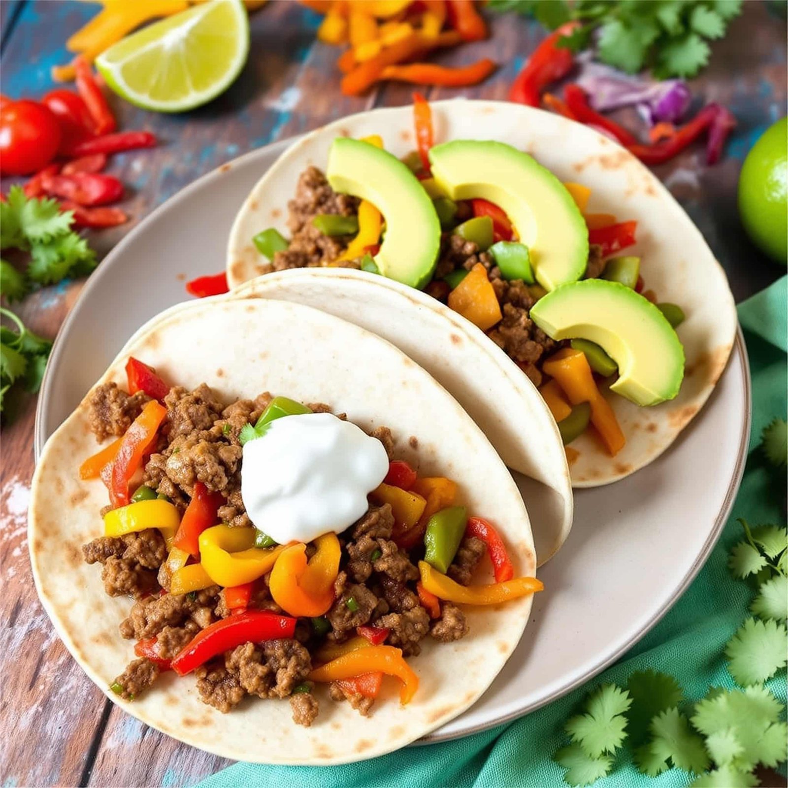 A vibrant plate of beef fajitas with peppers and tortillas, garnished with avocado and sour cream.