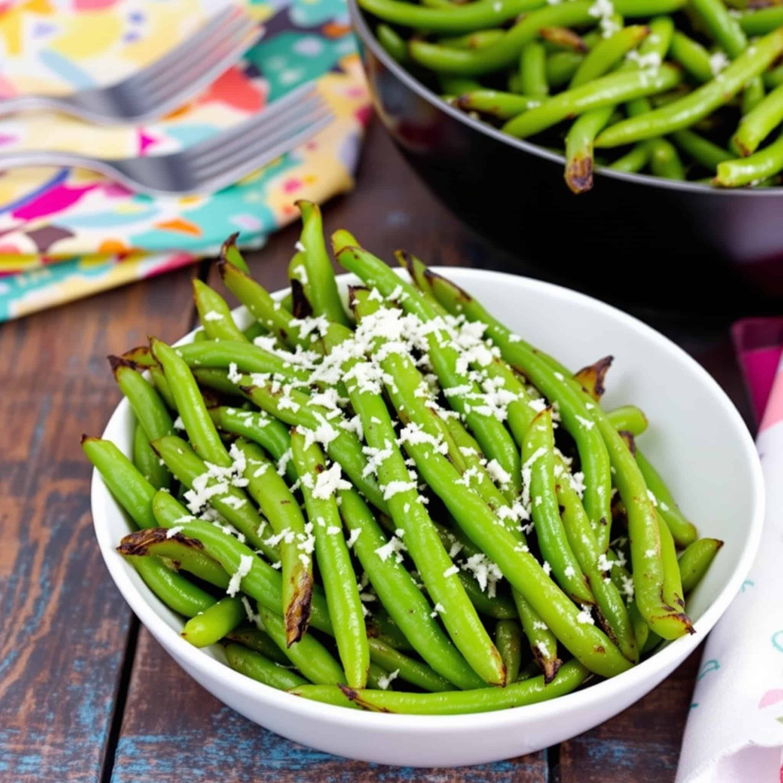 Crispy Air Fryer Green Beans Recipe Crispy air fryer green beans garnished with Parmesan on a wooden table with a colorful setting.