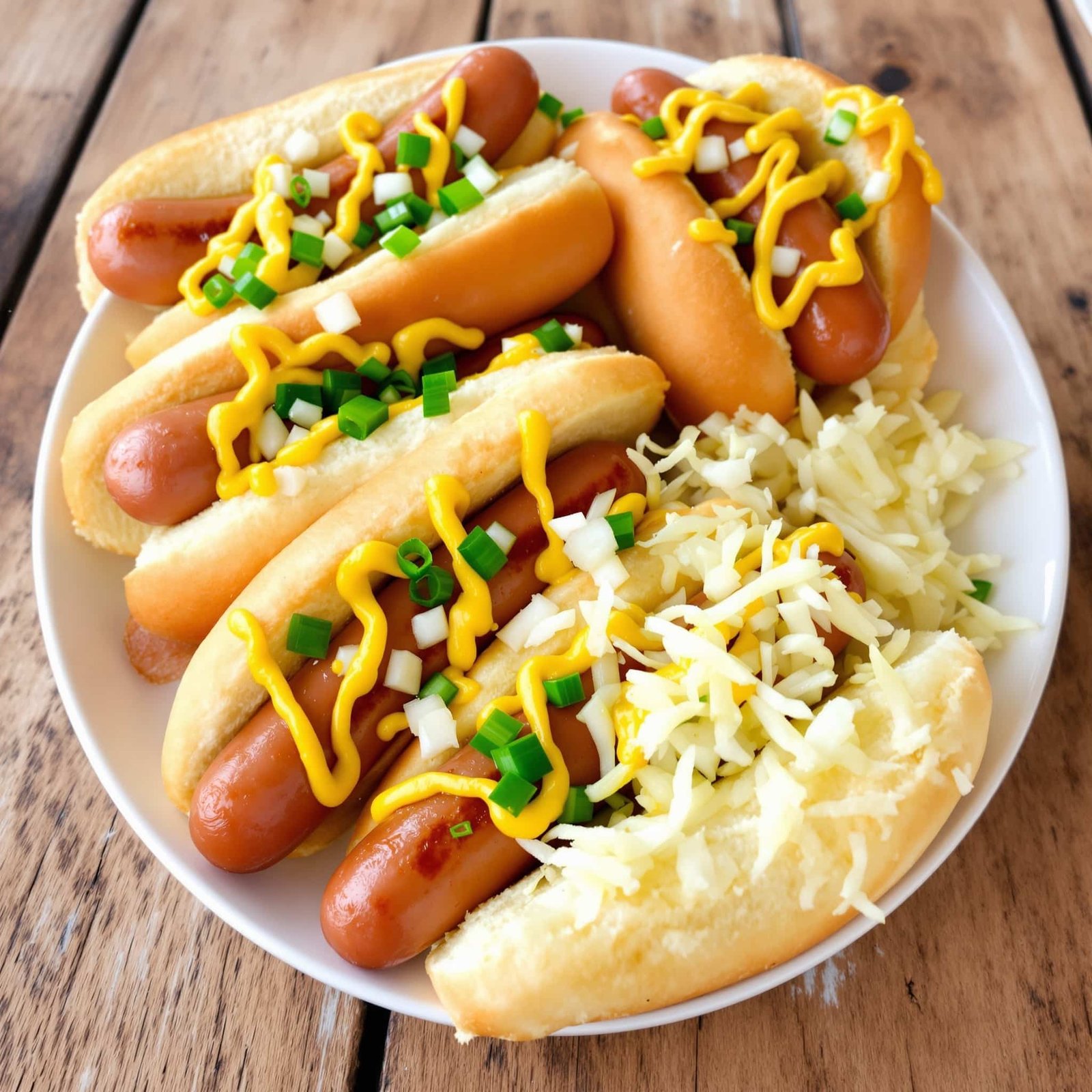 Golden-brown bratwurst in buns topped with mustard and onions, served with sauerkraut on a rustic table.