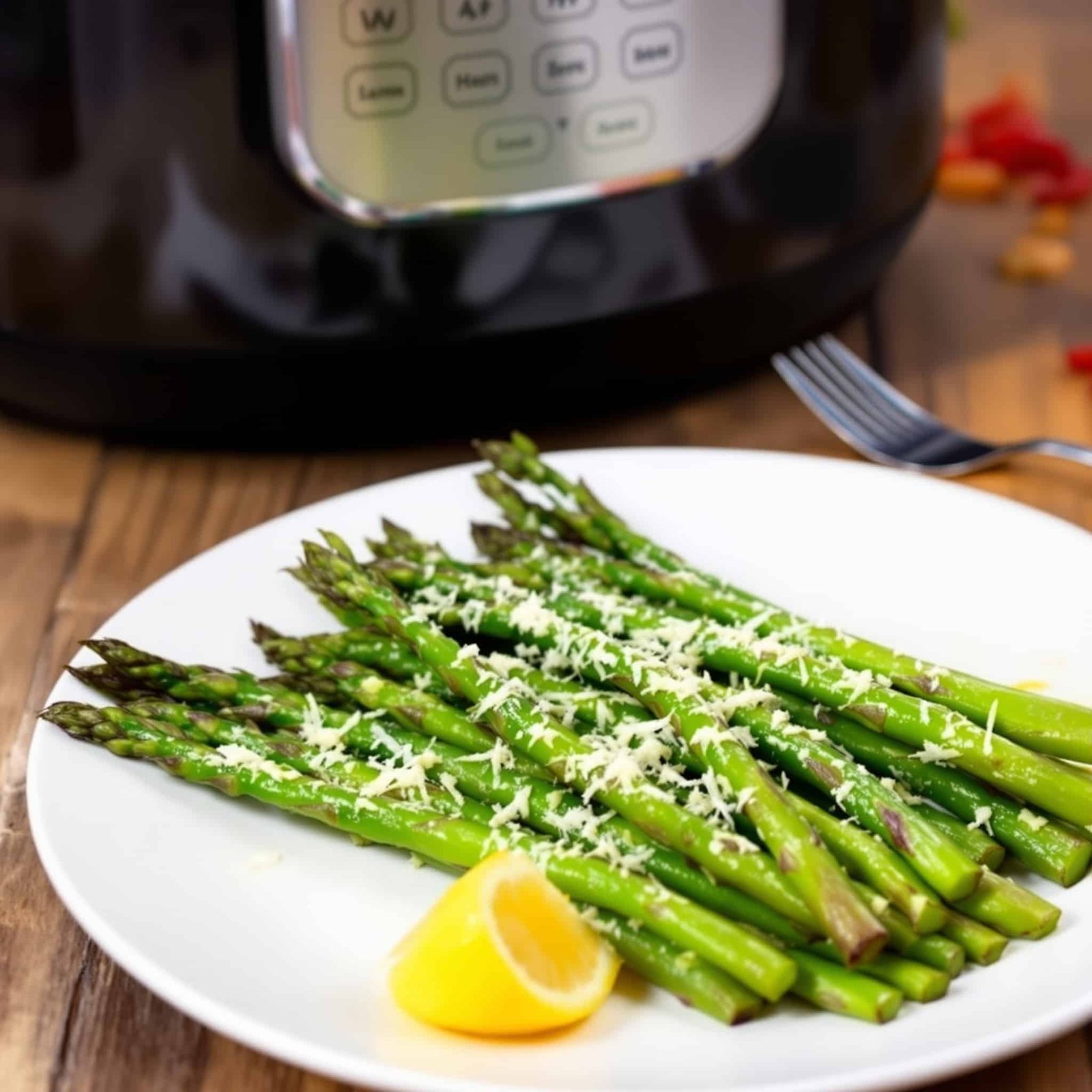 A serving of crispy air fryer asparagus topped with parmesan cheese and a lemon wedge on a rustic wooden table.