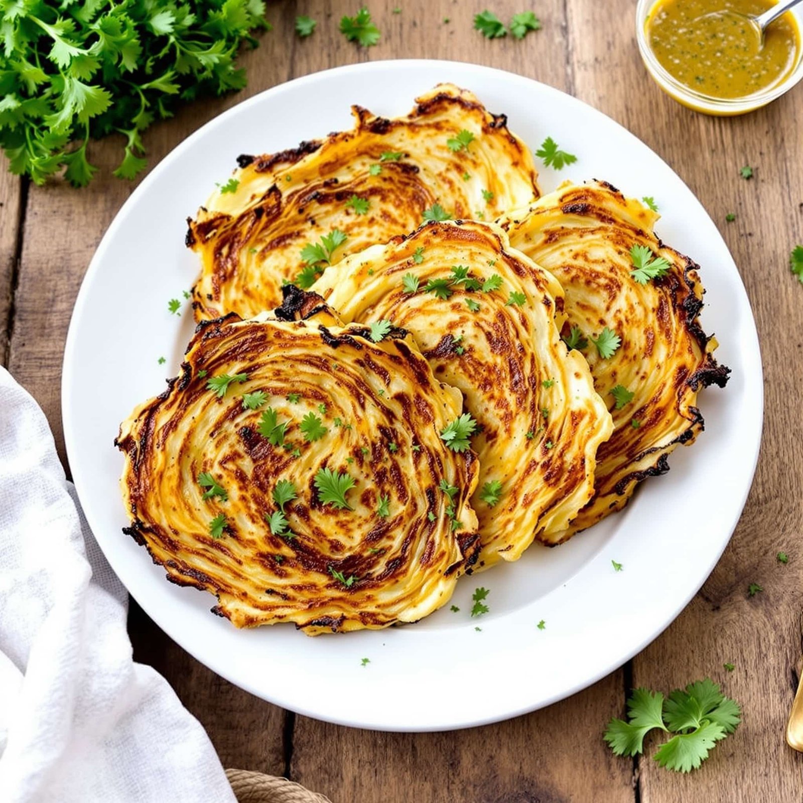 Crispy air fryer cabbage steaks decorated with parsley on a rustic table.