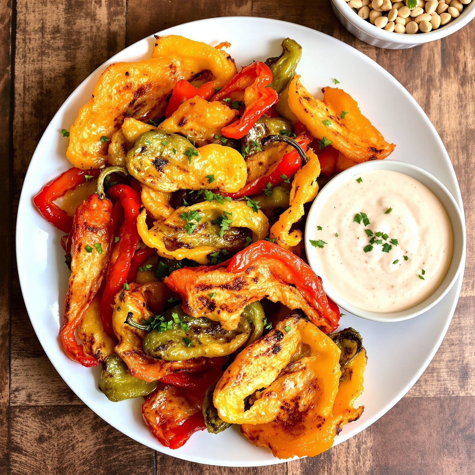 Crispy air-fried bell peppers in various colors served on a plate with fresh herbs and a dipping sauce.