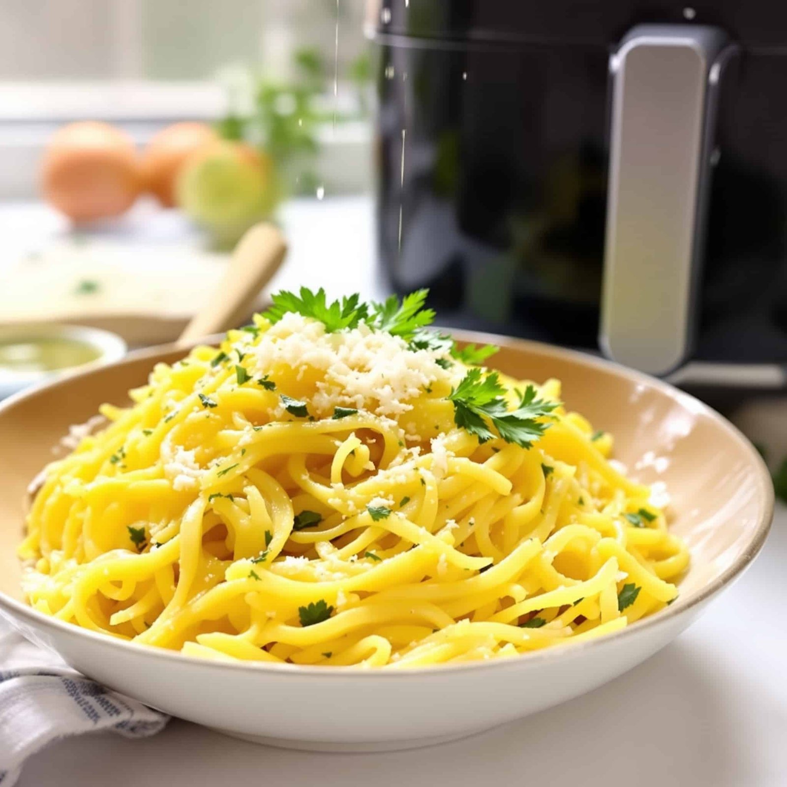 Bowl of spaghetti squash topped with Parmesan cheese and parsley, showcasing its golden strands, with an air fryer in the background.