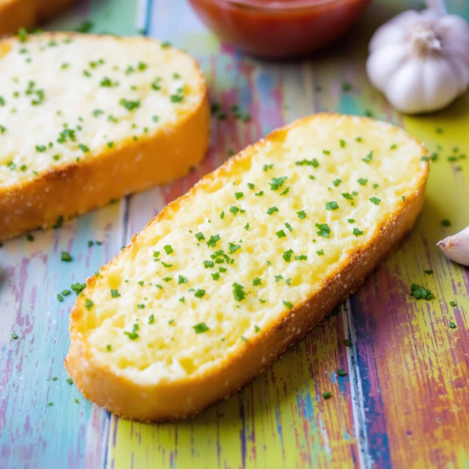 Crispy air fryer garlic bread slice topped with parsley on a wooden table with marinara sauce.
