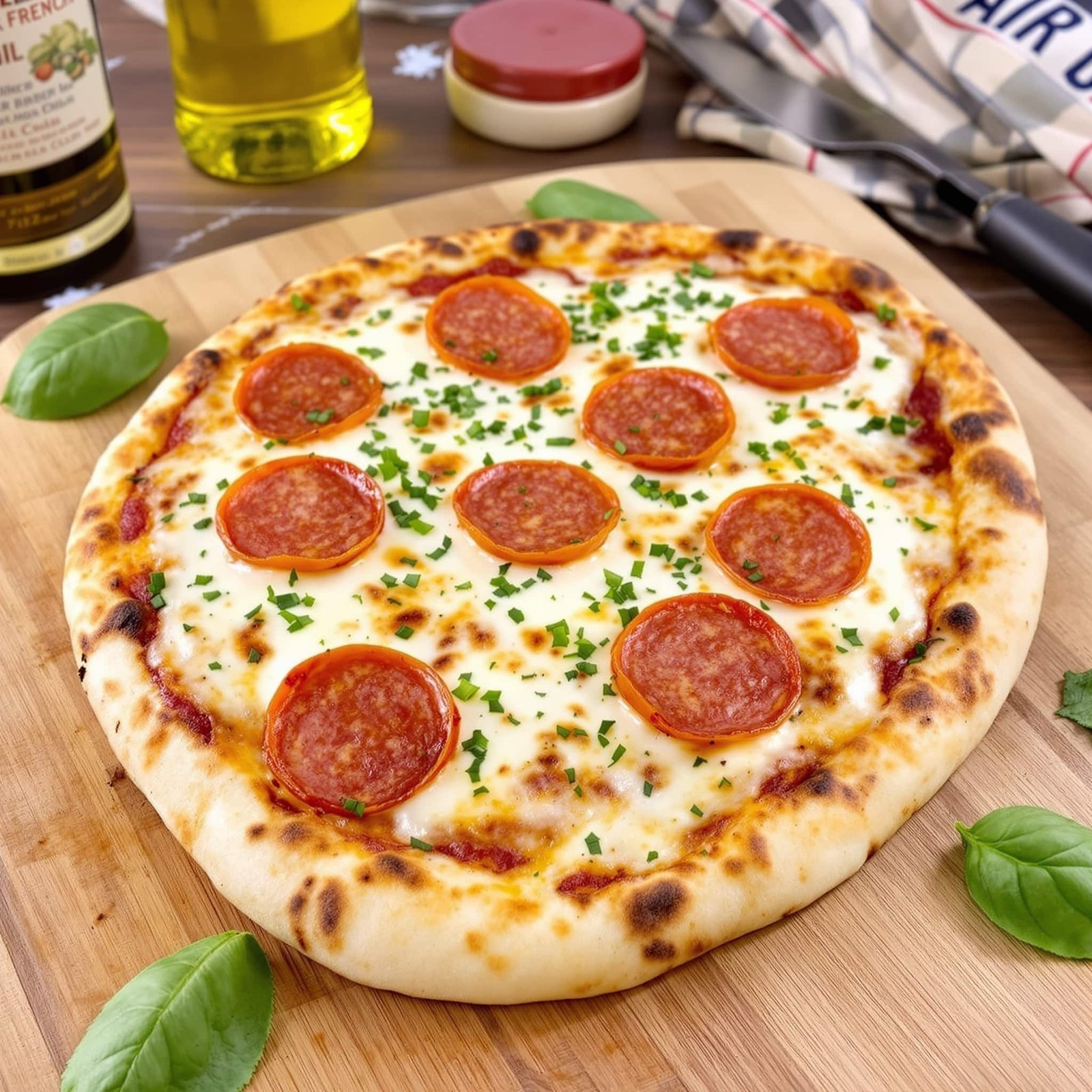 Crispy Air Fryer Flatbread Pizza with pepperoni, cheese, and herbs on a wooden board in a rustic kitchen.