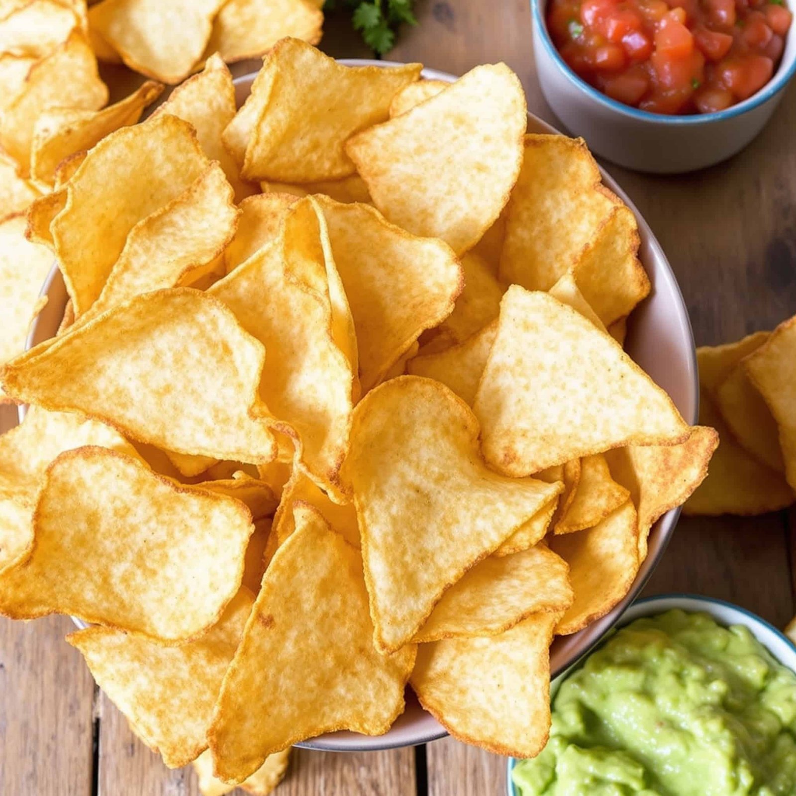 A bowl of crispy air fryer tortilla chips with salsa and guacamole on the side.