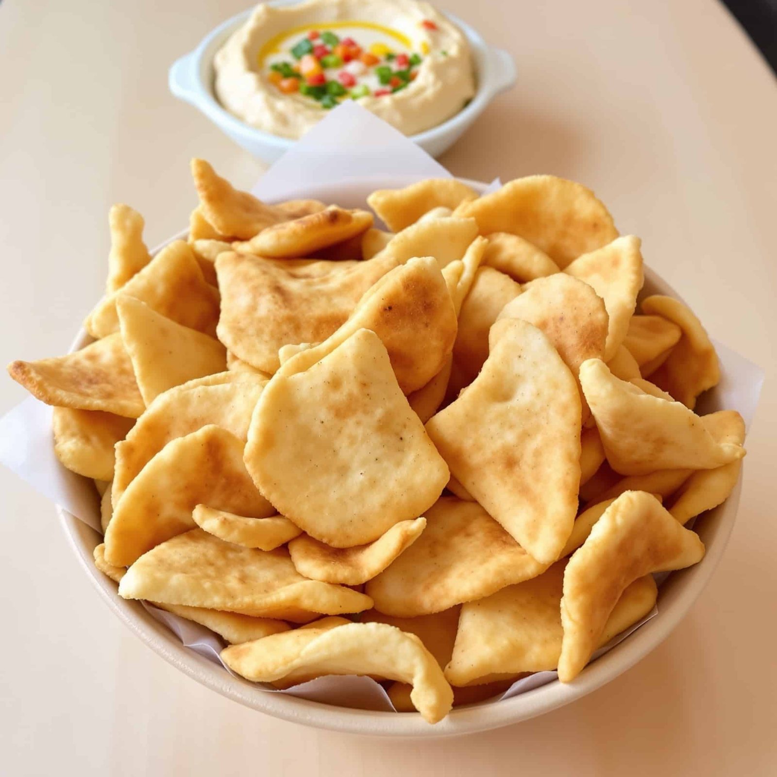 Crispy pita chips in a bowl with a side of hummus, arranged on a wooden table.