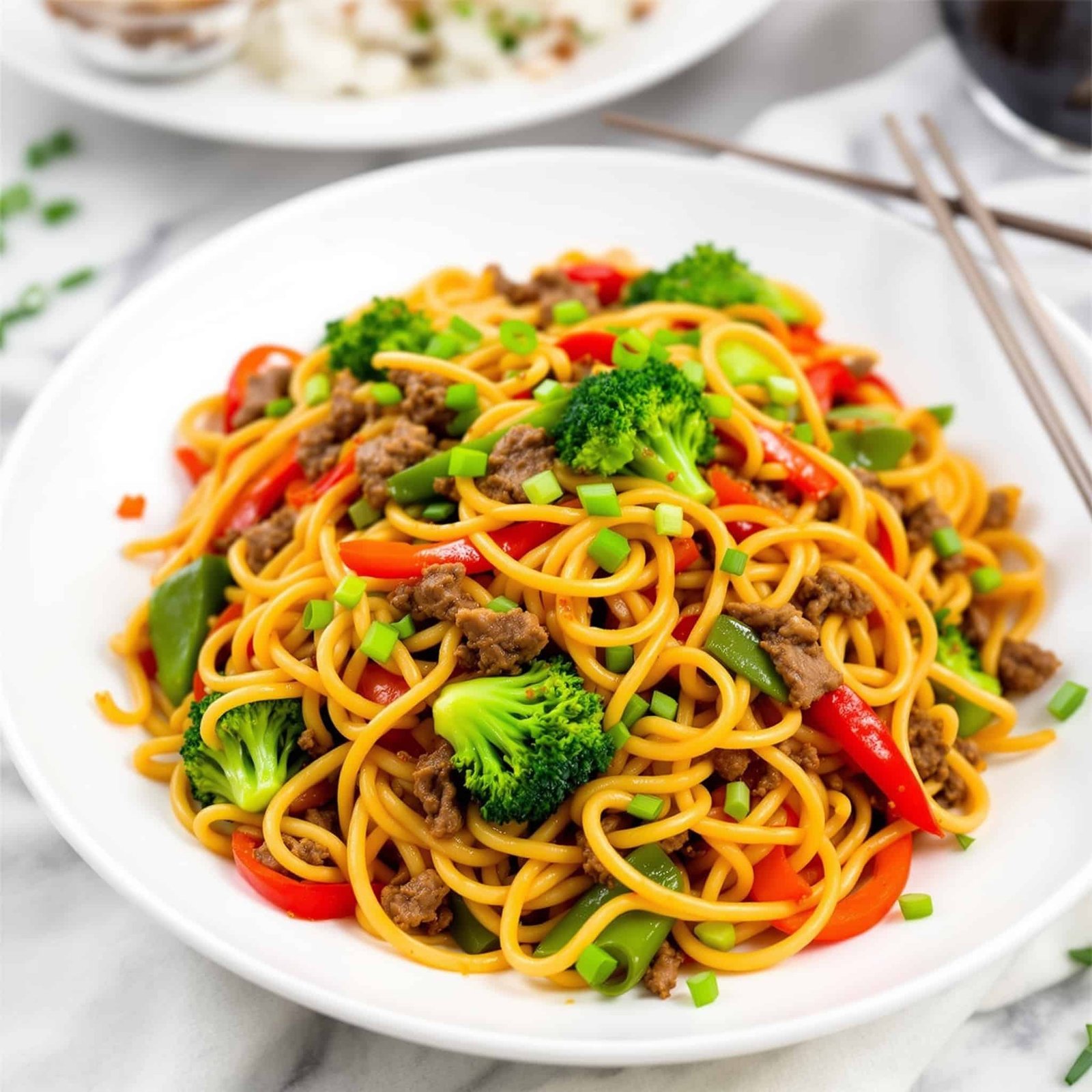 A colorful Garlic Beef Noodle Stir Fry with noodles, ground beef, bell peppers, and green vegetables on a white plate.