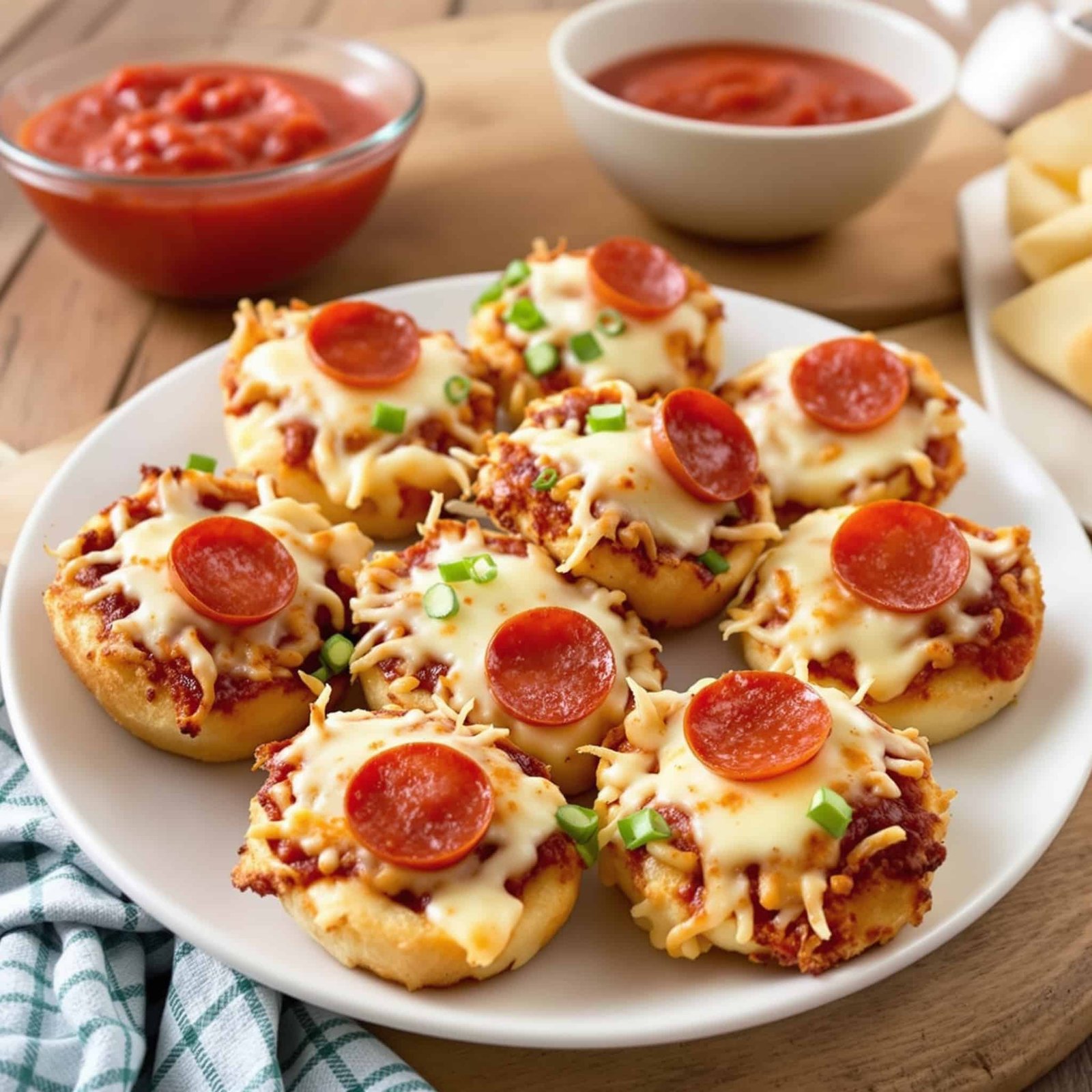 Air Fryer Bagel Bites Recipe Golden brown air fryer bagel bites with cheese and pepperoni on a wooden plate