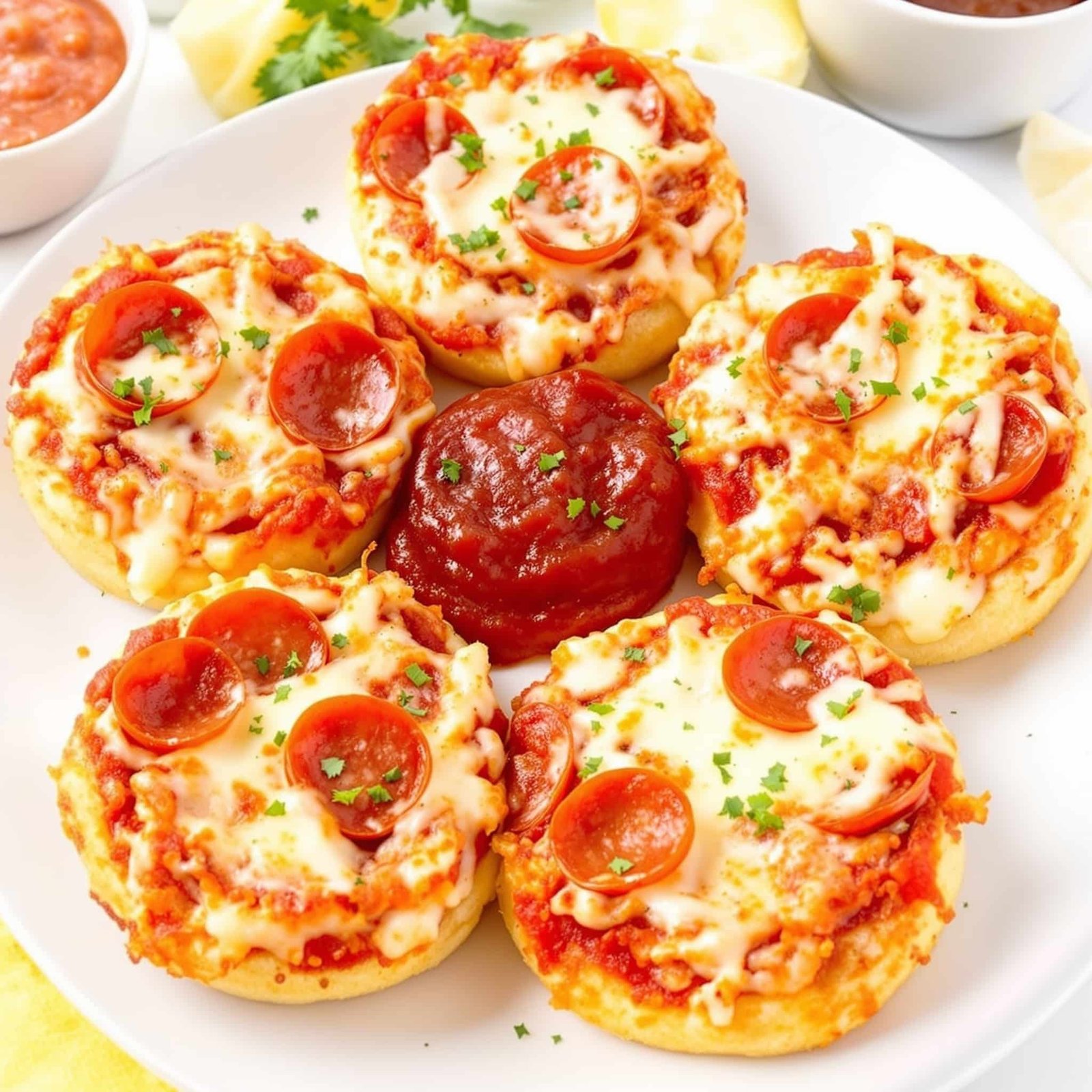 Air Fryer English Muffin Pizza Recipe Golden brown English muffin pizzas topped with cheese and pepperoni on a plate, served with marinara sauce.