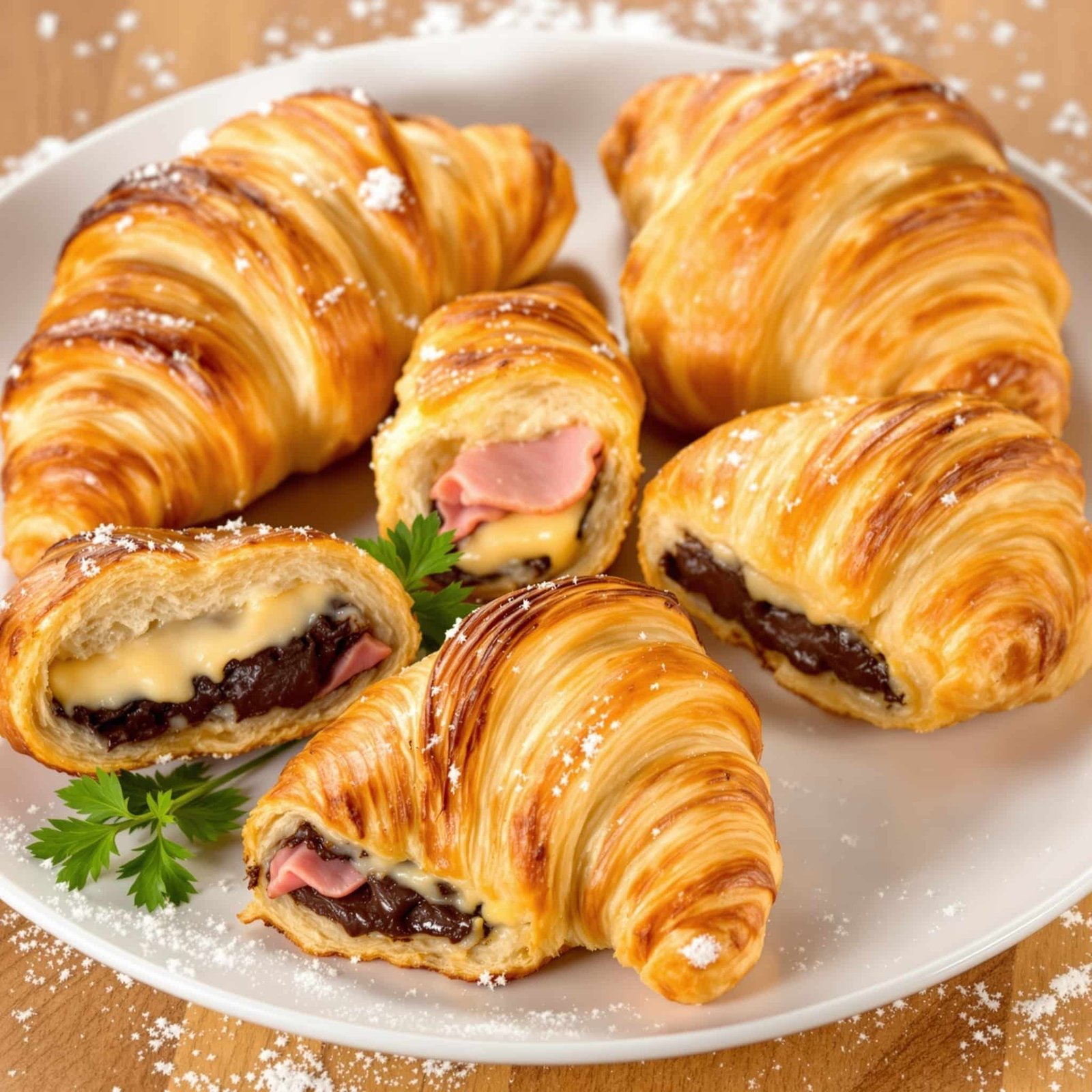 A golden-brown air-fried stuffed croissants filled with cheese and ham, and chocolate, on a rustic wooden table.