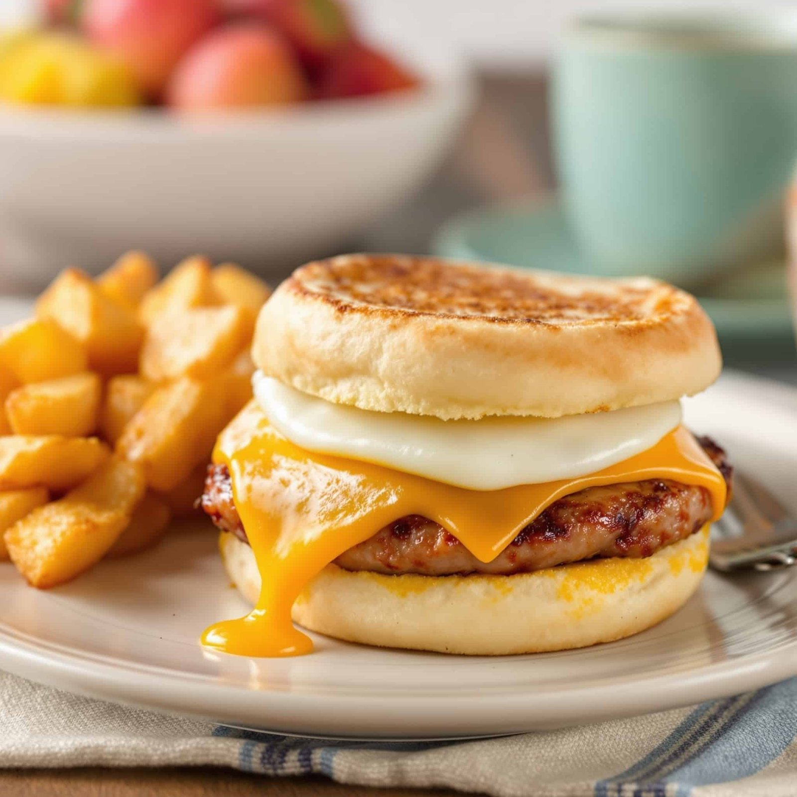 Air fryer breakfast sandwich with egg, cheese, and sausage on toasted English muffin, set on a breakfast table with fruit and coffee.