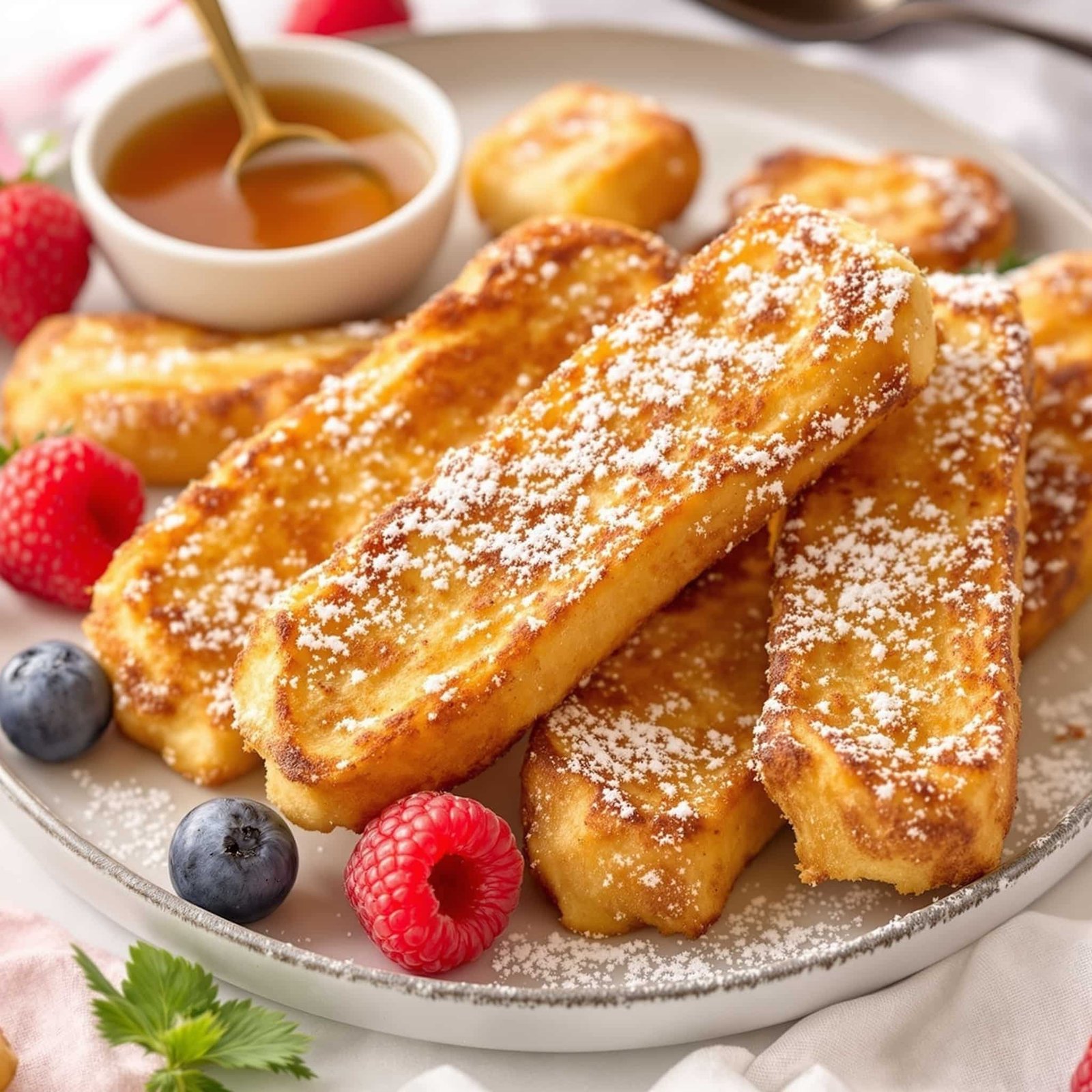 Crispy Air Fryer French Toast Sticks with powdered sugar and maple syrup, served with fresh berries.
