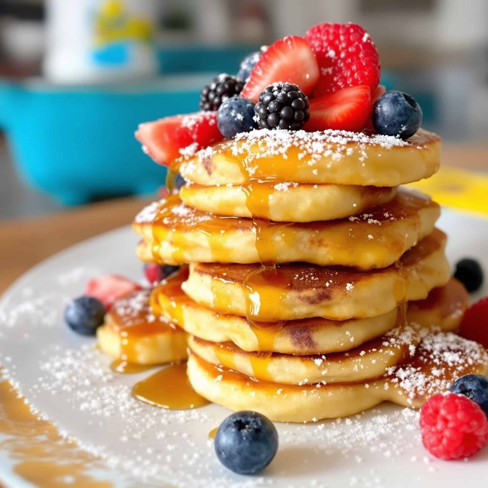 Fluffy air fryer pancake bites served with syrup and berries on a colorful plate.