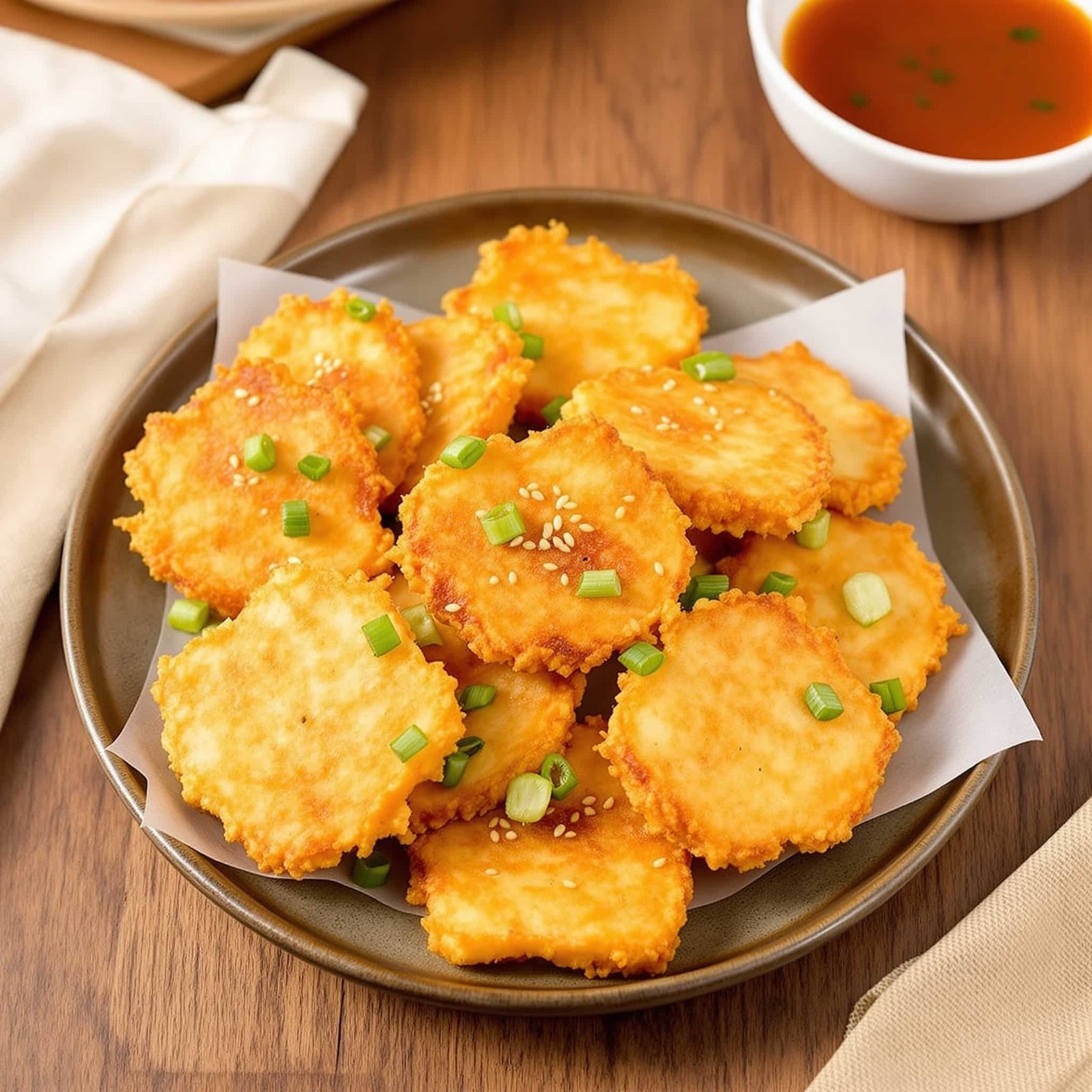Crispy Air Fryer Tofu Crisps Recipe Golden crispy tofu bites garnished with green onions and sesame seeds on a rustic plate.