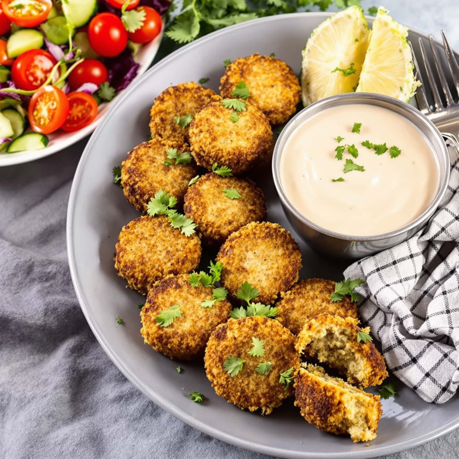 A serving of crispy air fryer falafel with tahini sauce and a fresh salad.