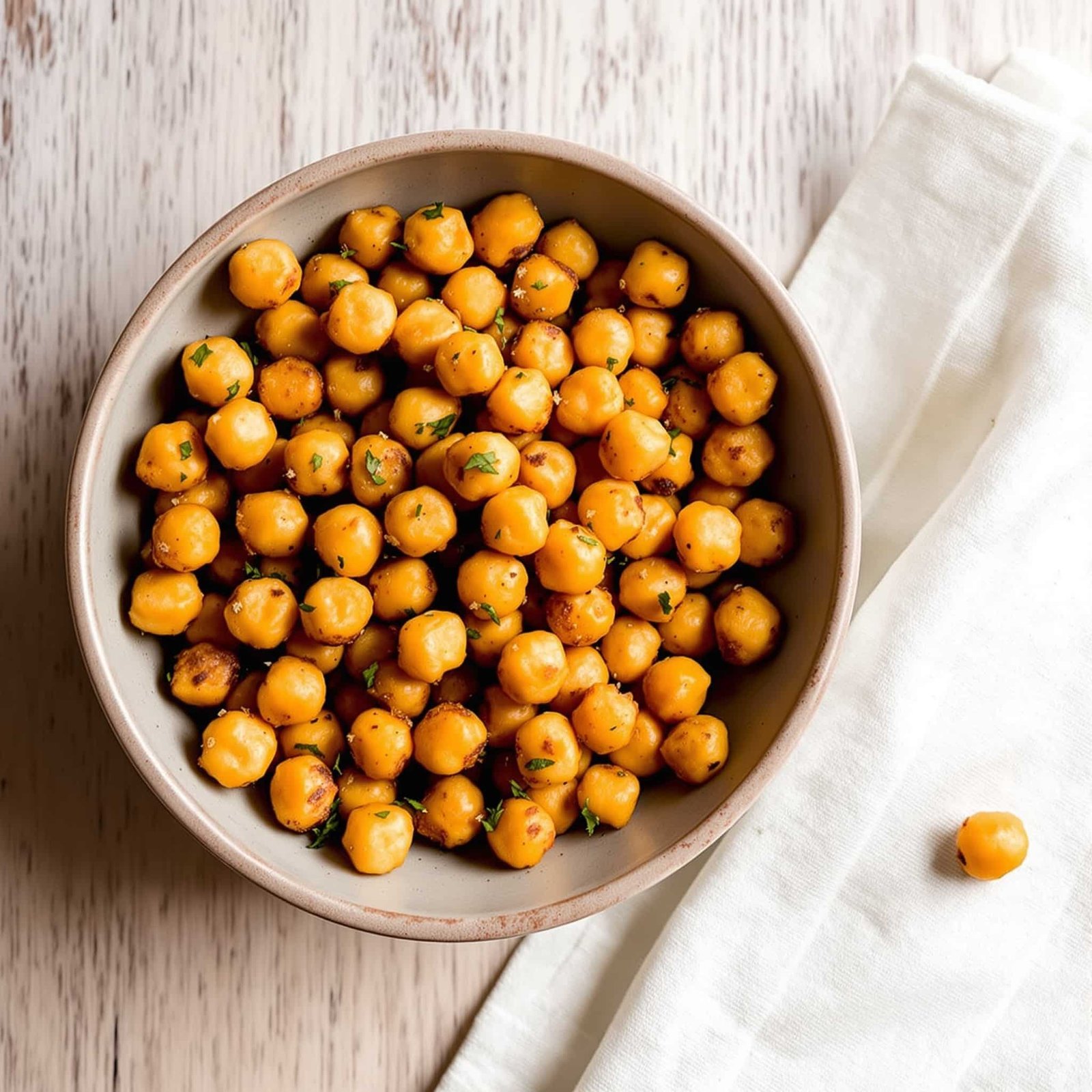 Crispy air fryer chickpeas in a bowl, seasoned and golden brown, on a rustic wooden surface.