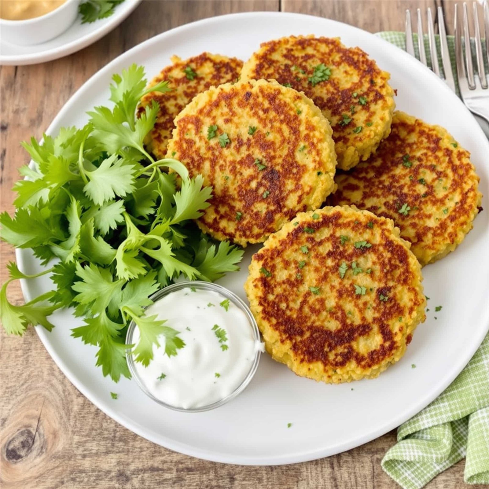 Crispy lentil patties served on a plate with greens and dipping sauce.