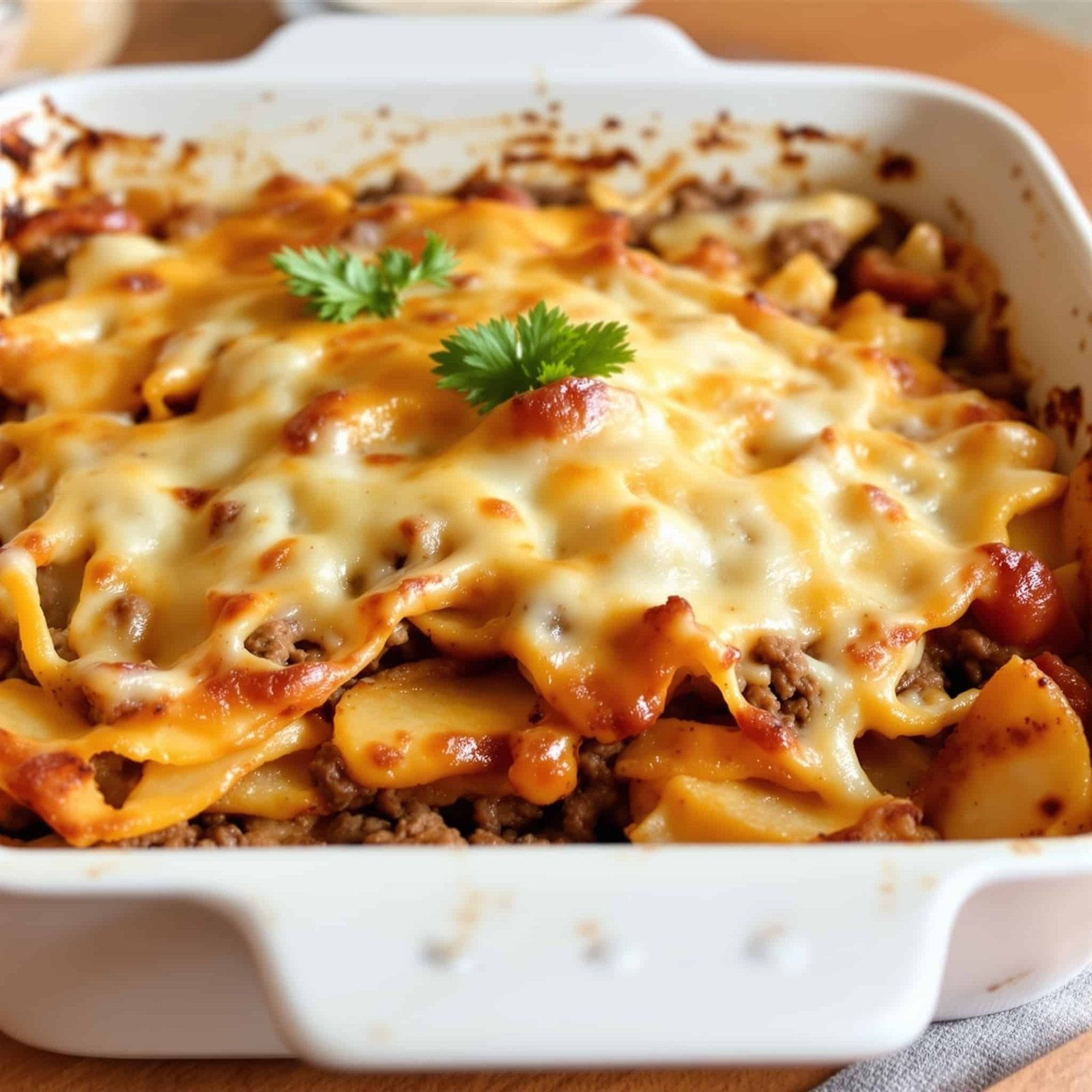Cheesy beef and potato bake with layers of meat and potatoes, topped with melted cheese, garnished with parsley on a wooden table.