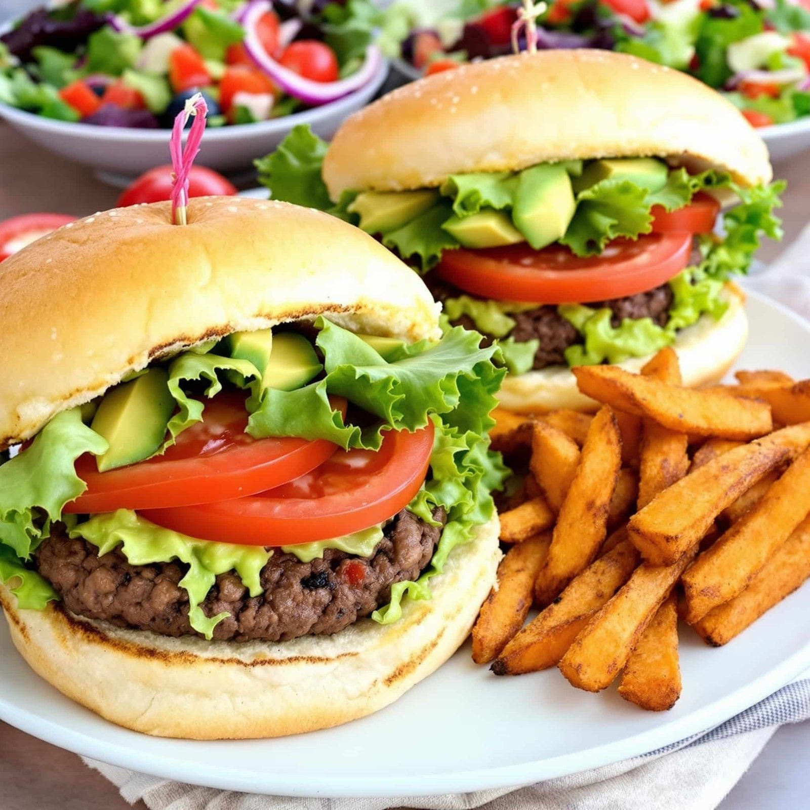 Air Fryer Black Bean Veggie Burgers Recipe Air fryer black bean veggie burgers on buns with lettuce and tomato, served with sweet potato fries.