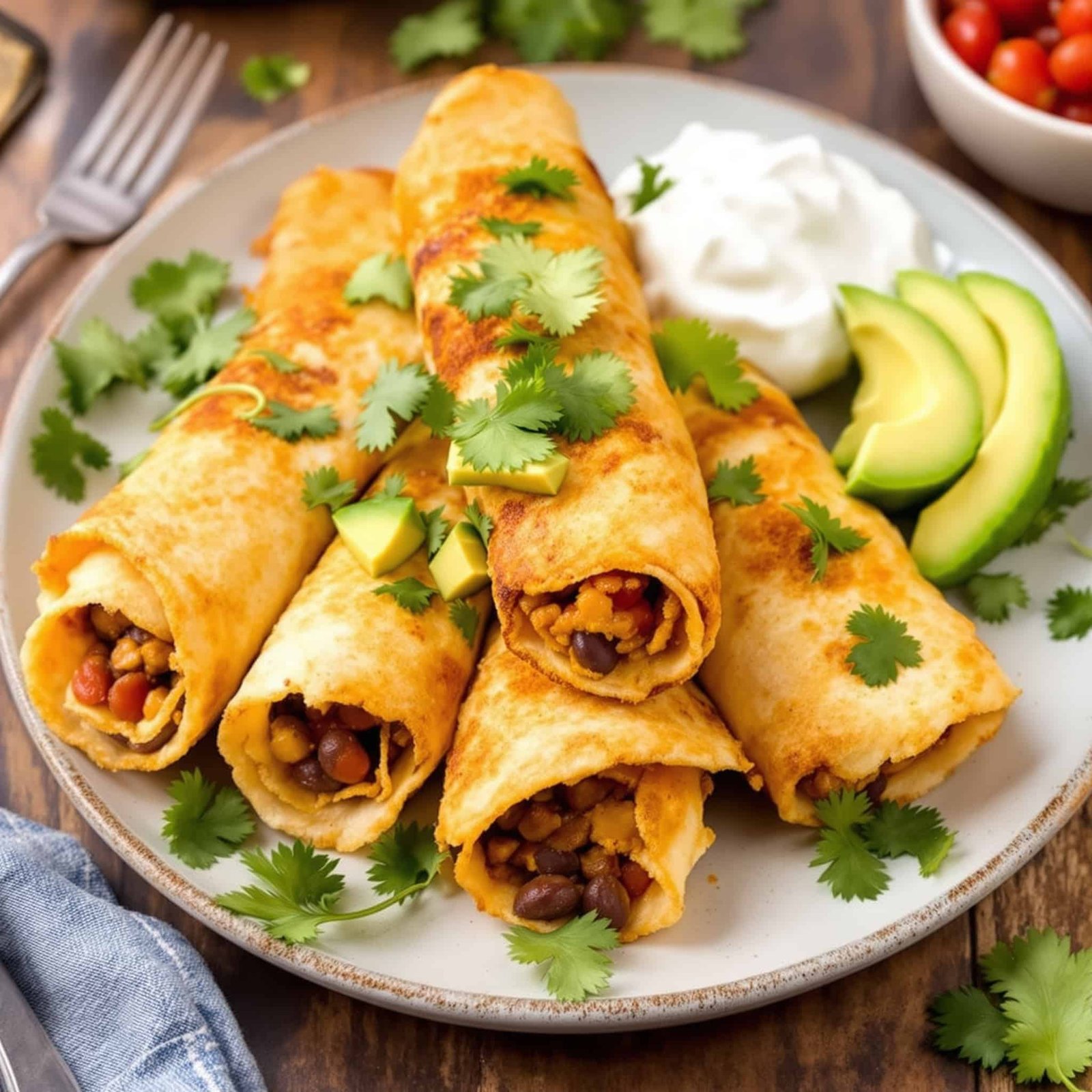 Crispy air fryer black bean taquitos on a plate with avocado, salsa, and sour cream.