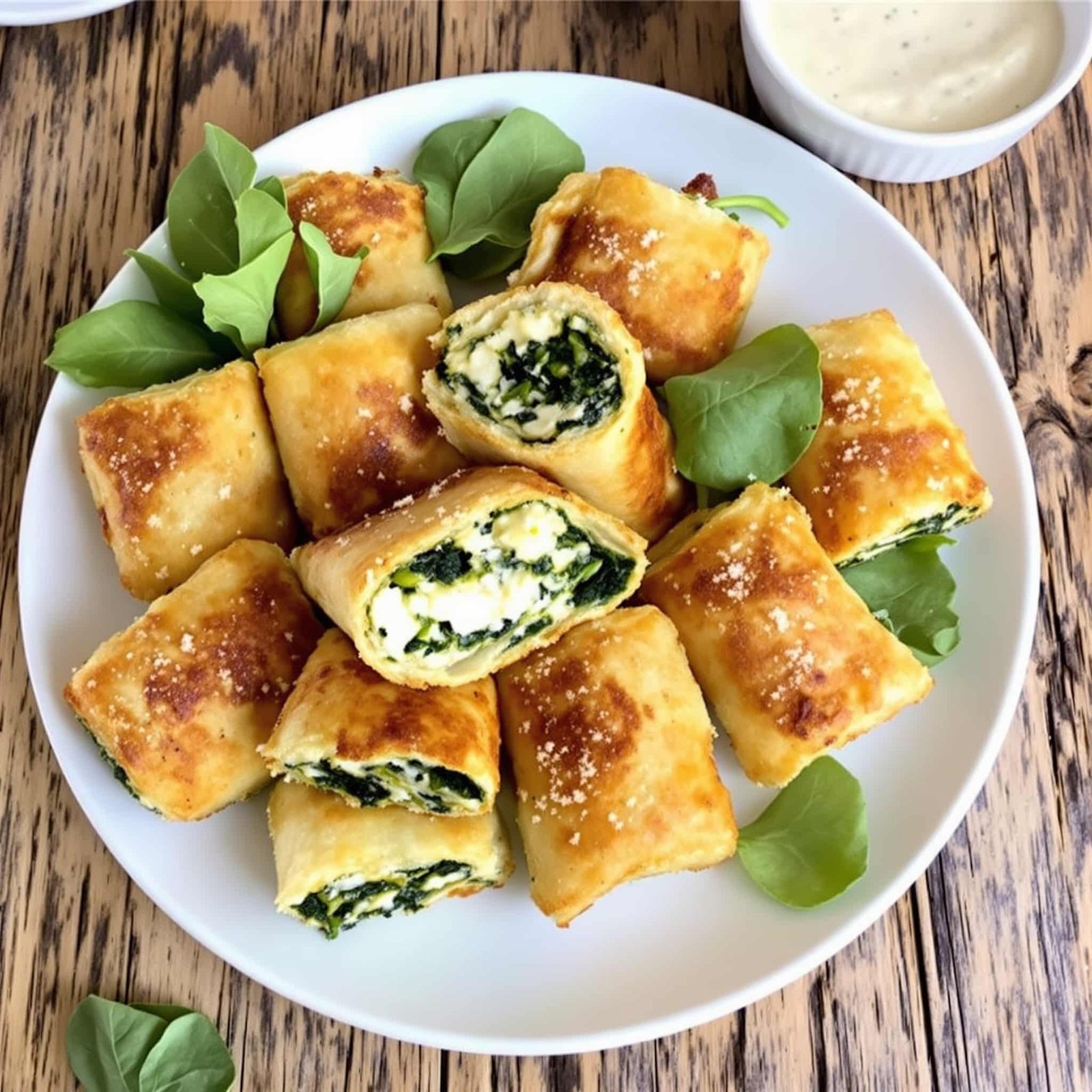 Crispy spinach feta rolls served on a plate with dipping sauce and fresh spinach, showcasing their golden color.
