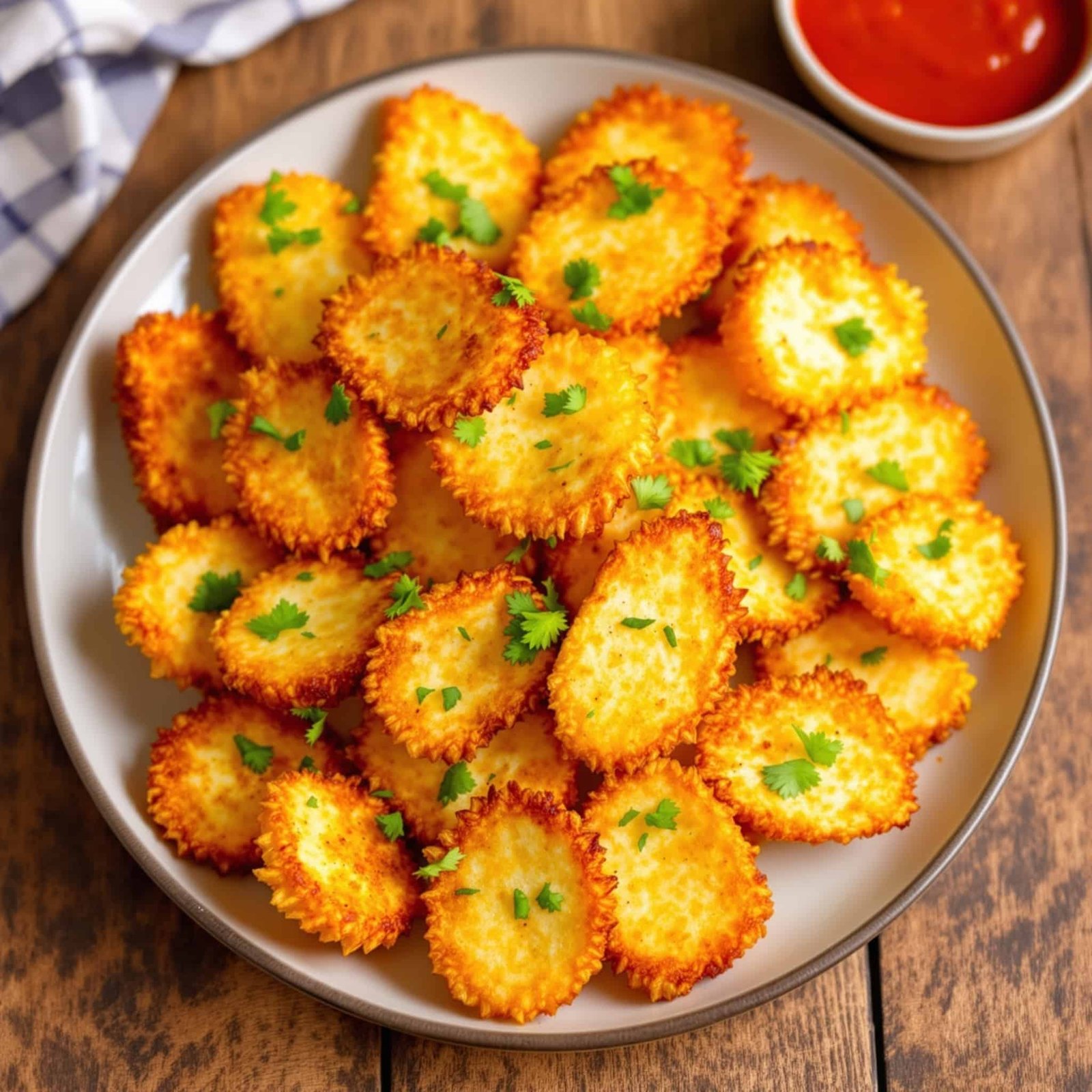 Crispy halloumi fries on a plate garnished with herbs, accompanied by a bowl of dipping sauce.