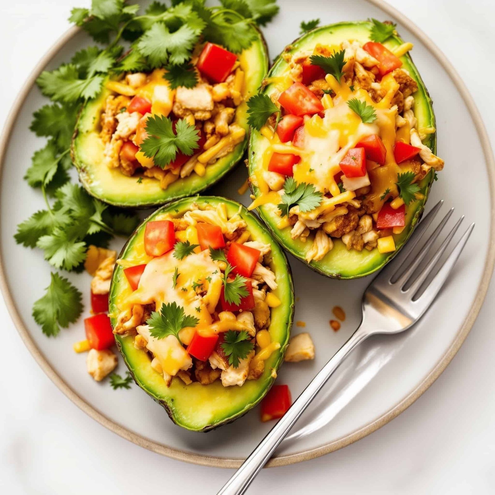Air fryer stuffed avocados filled with chicken and tomatoes, garnished with cilantro, ready to eat.